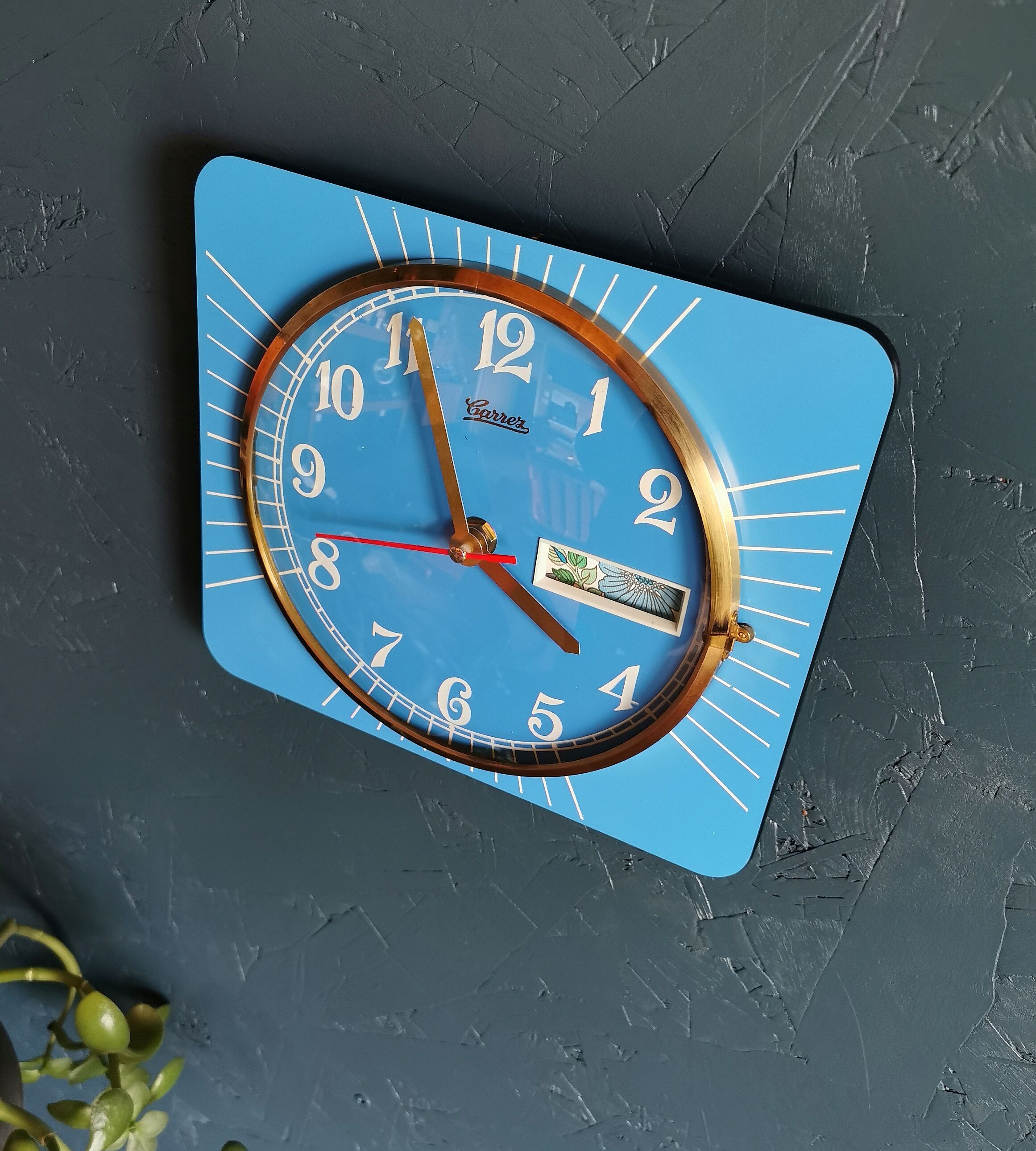 Vintage formica clock rectangular silent wall clock "Carrez blue"