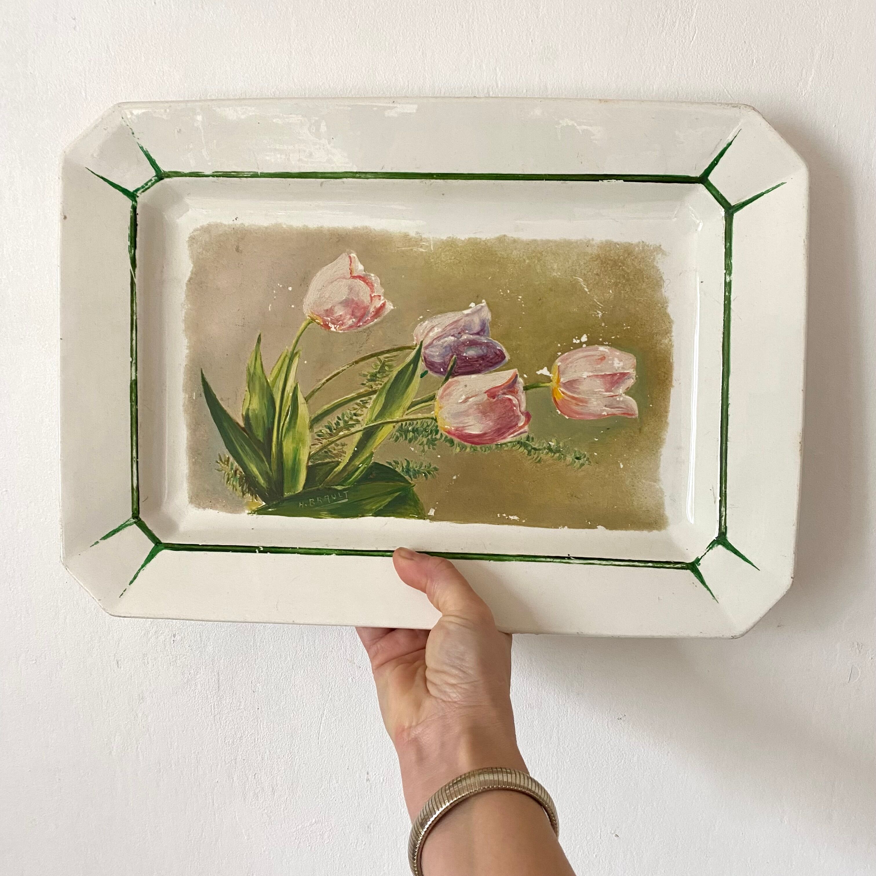 Antique decorative dish with painted flowers, signed