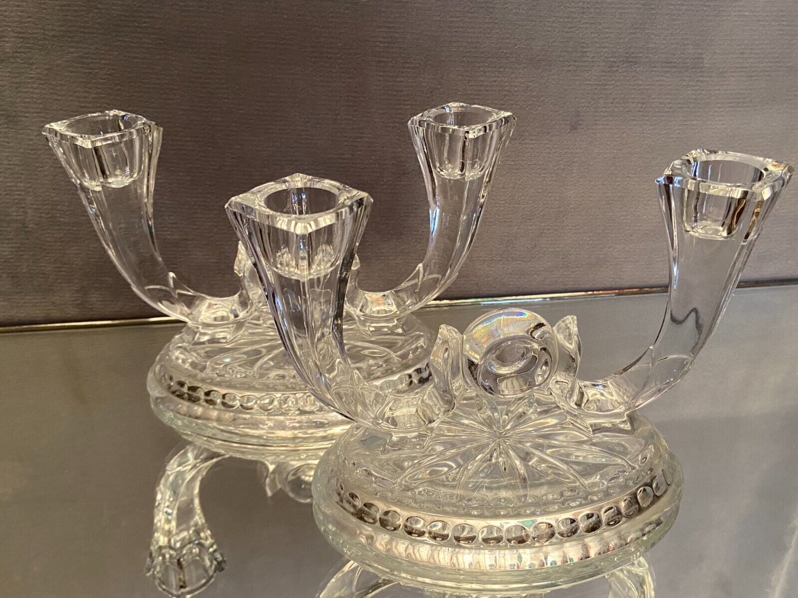 Pair of Val Saint Lambert crystal table end candlesticks