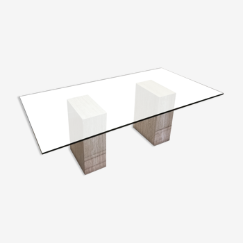 Italian travertine dining table with glass top, 1970s
