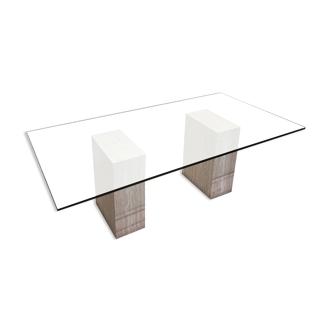 Italian travertine dining table with glass top, 1970s