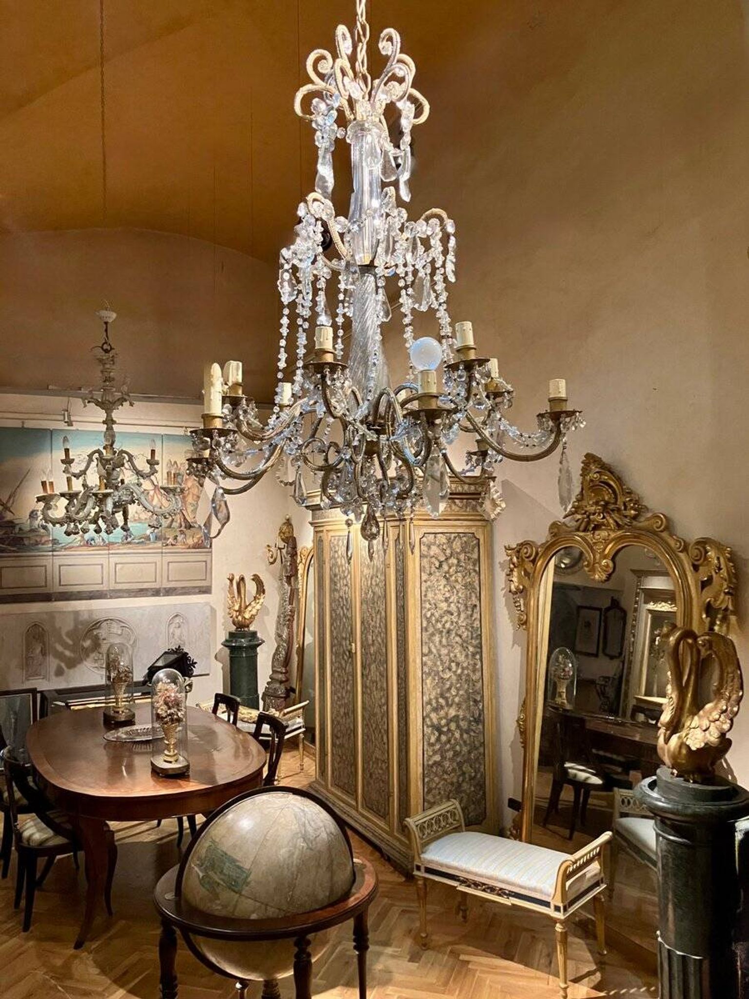 Italian Cut Crystal and Glass Beads Cage Chandelier, 1800s
