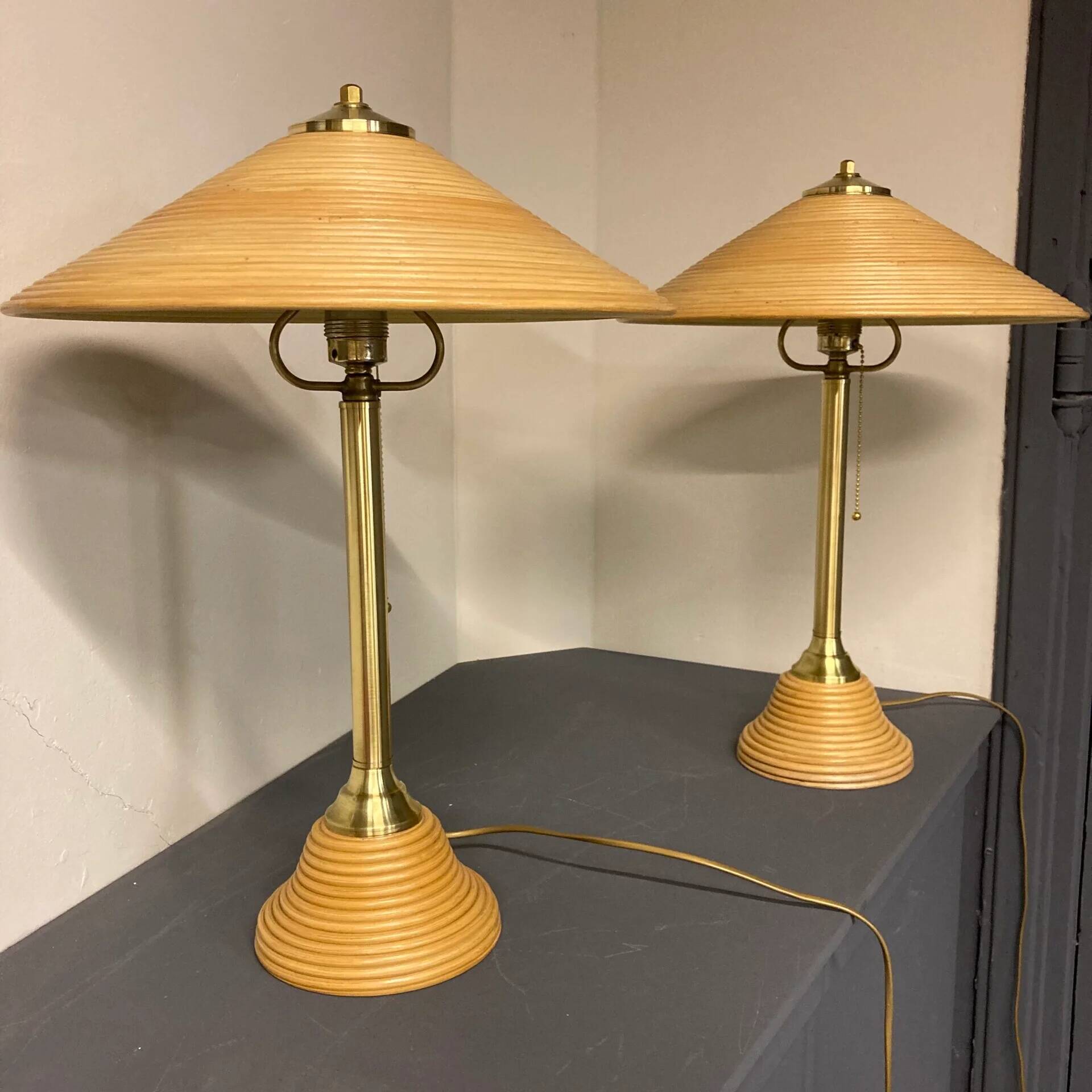 Vintage Pencil Reed table lamp set, Italy, 1970s