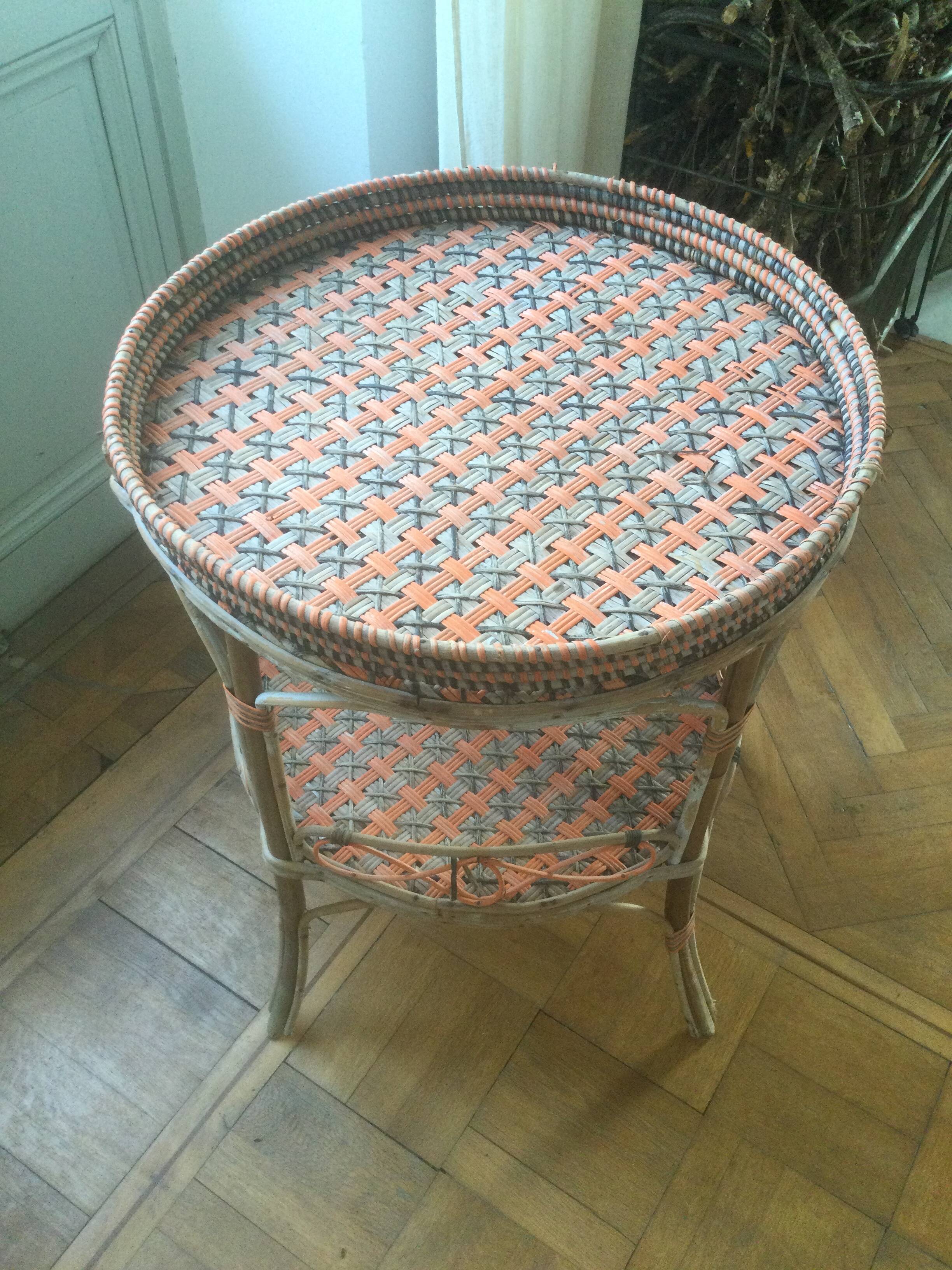 Round old rattan pedestal table