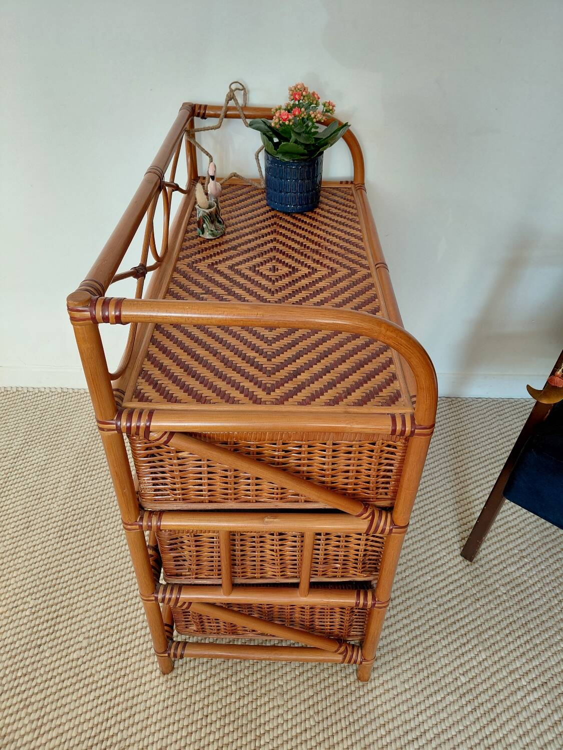 Commode vintage en rotin 4 tiroirs-esprit bohème-bord de mer