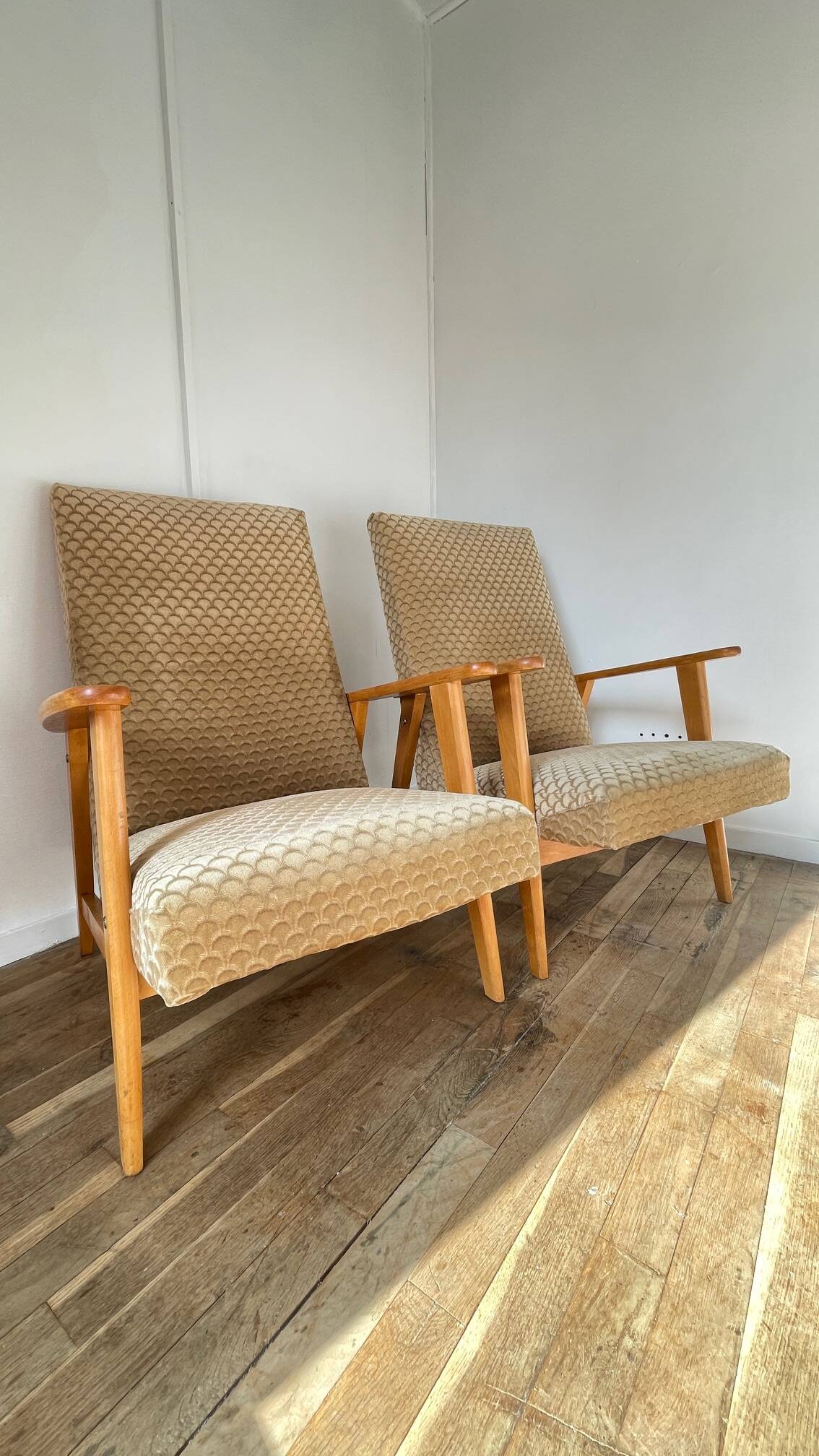Pair of Manucere armchairs with vintage compass legs