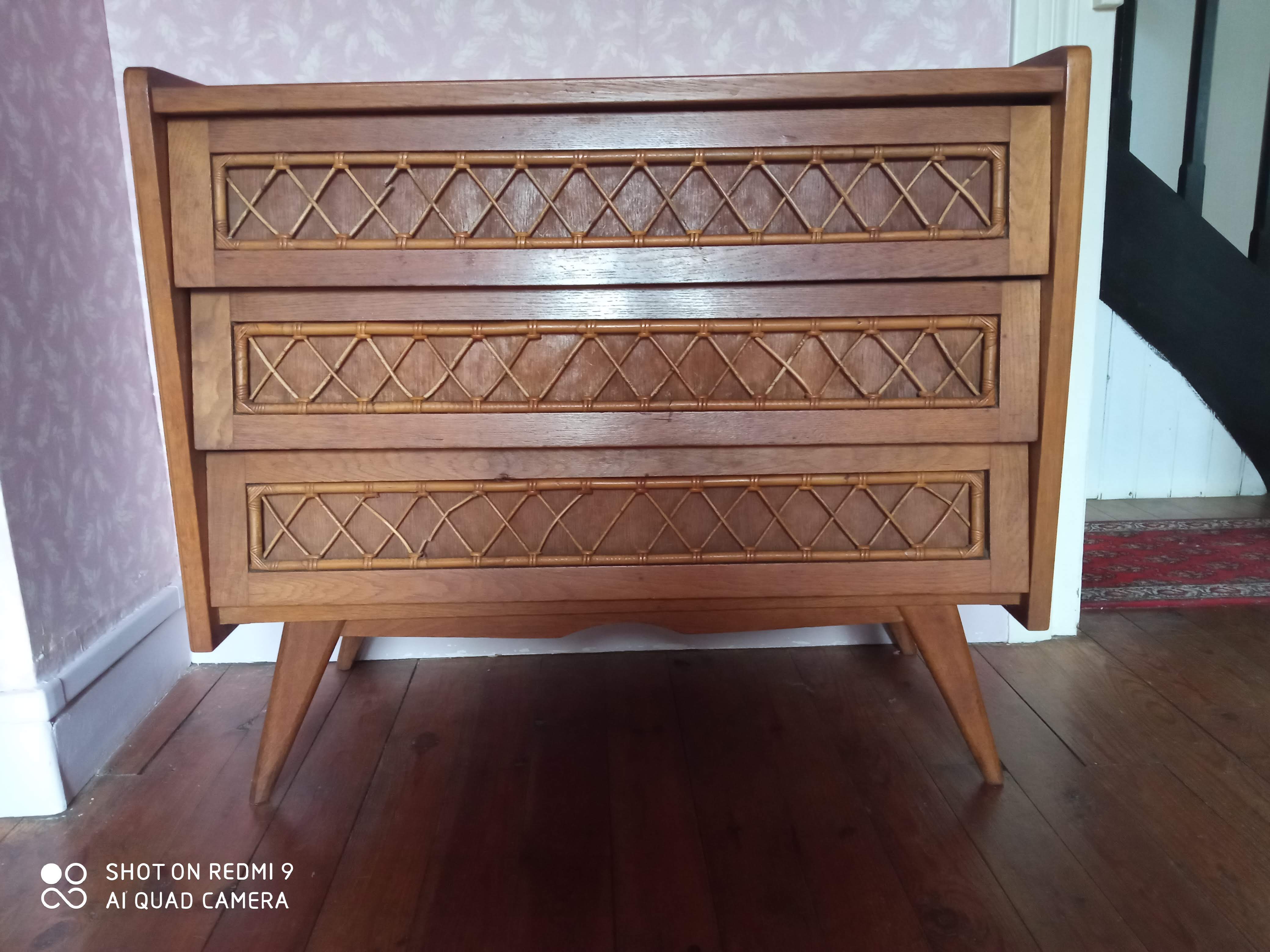 Dresser in blond wood and rattan 50s