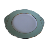 Plat à dessert en faience l'amandinoise  bords découpés vert clair avec liserets dorés