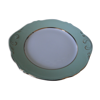 Dessert dish in faience l'amandinoise edges cut light green with golden borders