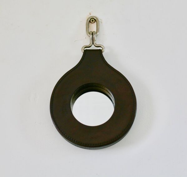 Miroir Lancel en cuir et bois, France années 60