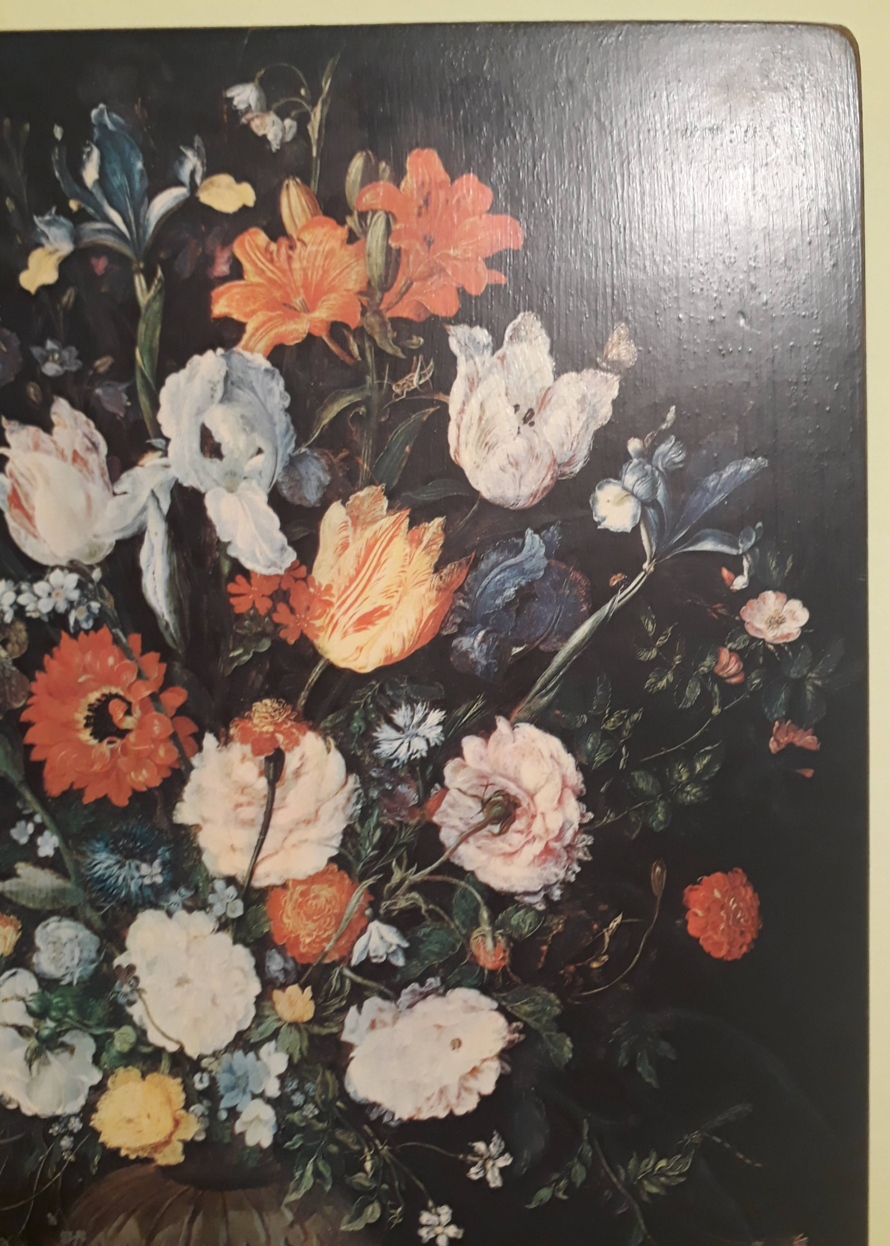 Reproduction painting on wood, still life, bouquet flowers, after Jan Brueghel the elder