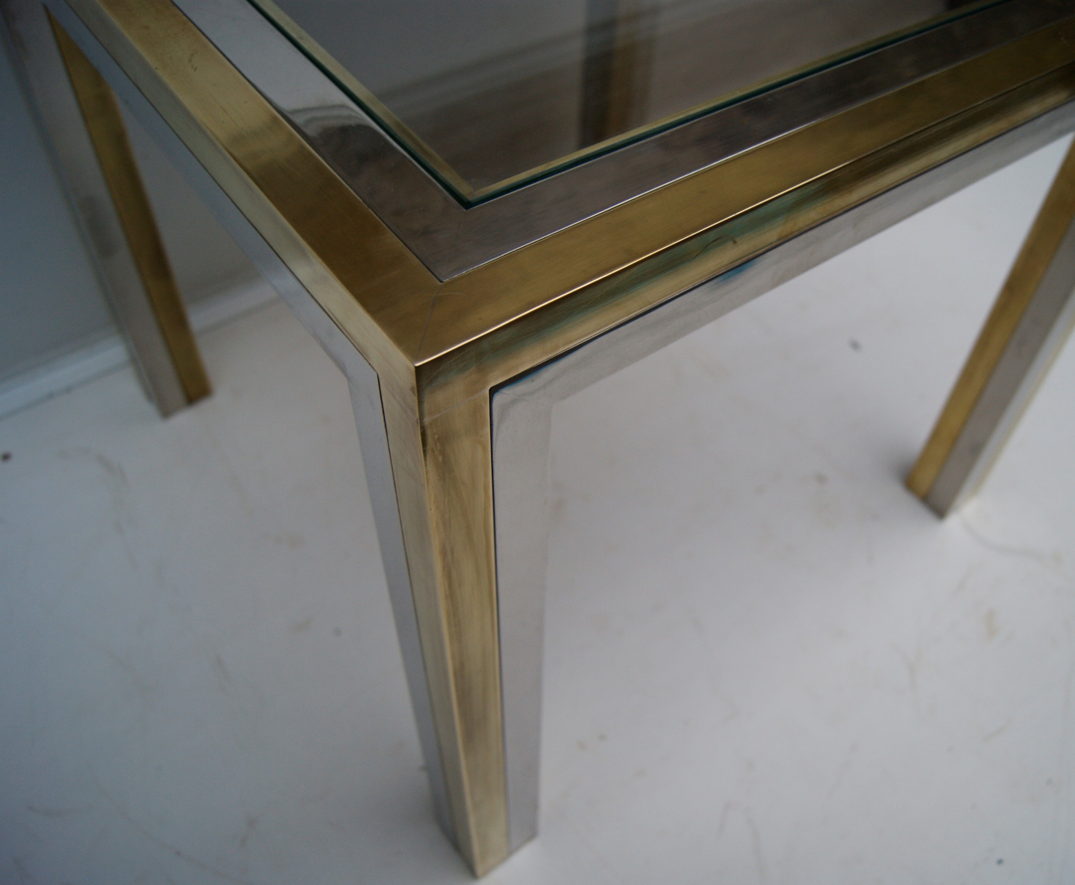 Piece of sofa coffee table brass chrome, brass. 2 glass trays. Italy 1970's