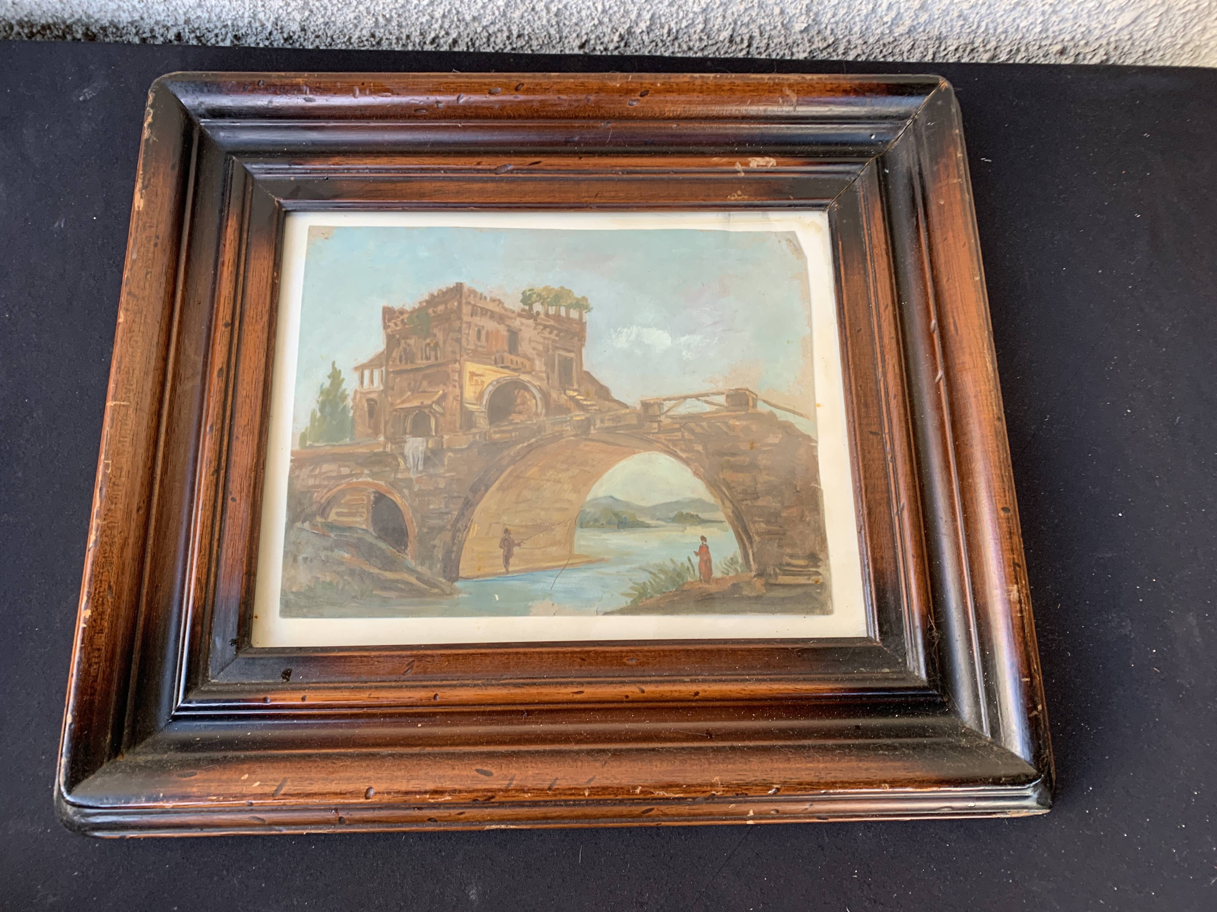 Landscape painting with bridge and figure