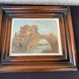 Landscape painting with bridge and figure
