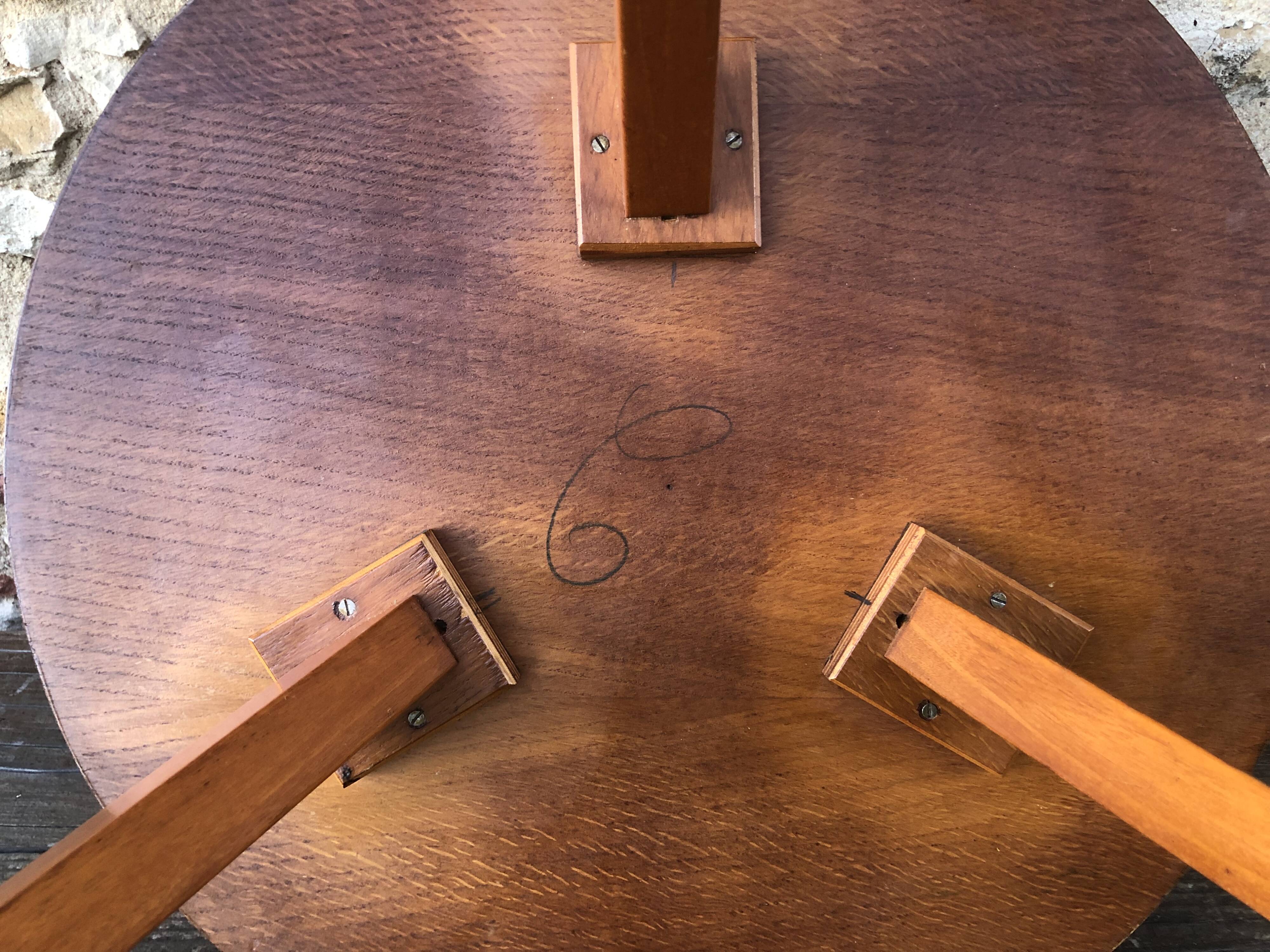 Vintage round coffee table, oak tripod legs circa 60