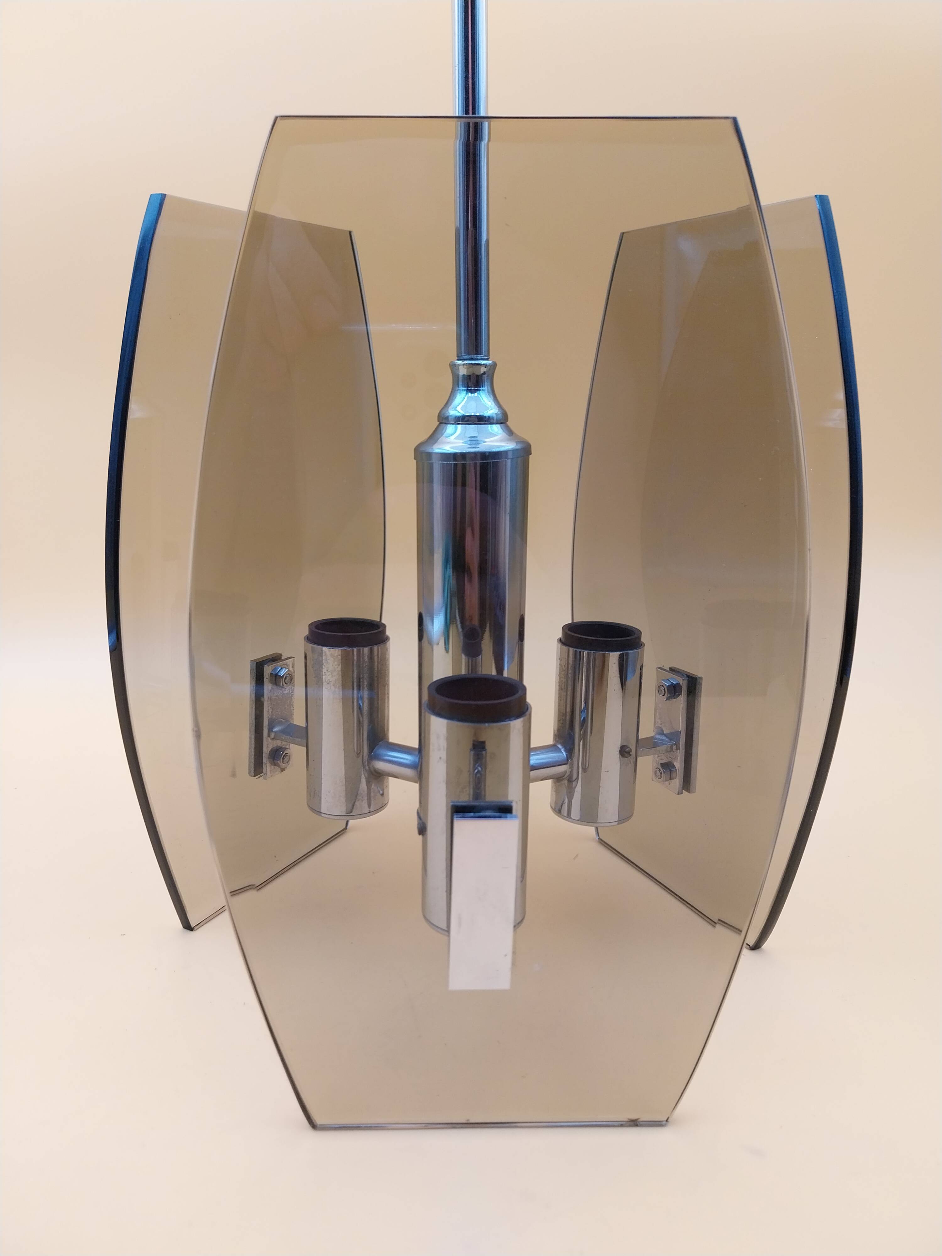 Chrome and smoked glass ceiling pendant from the 1970s.
