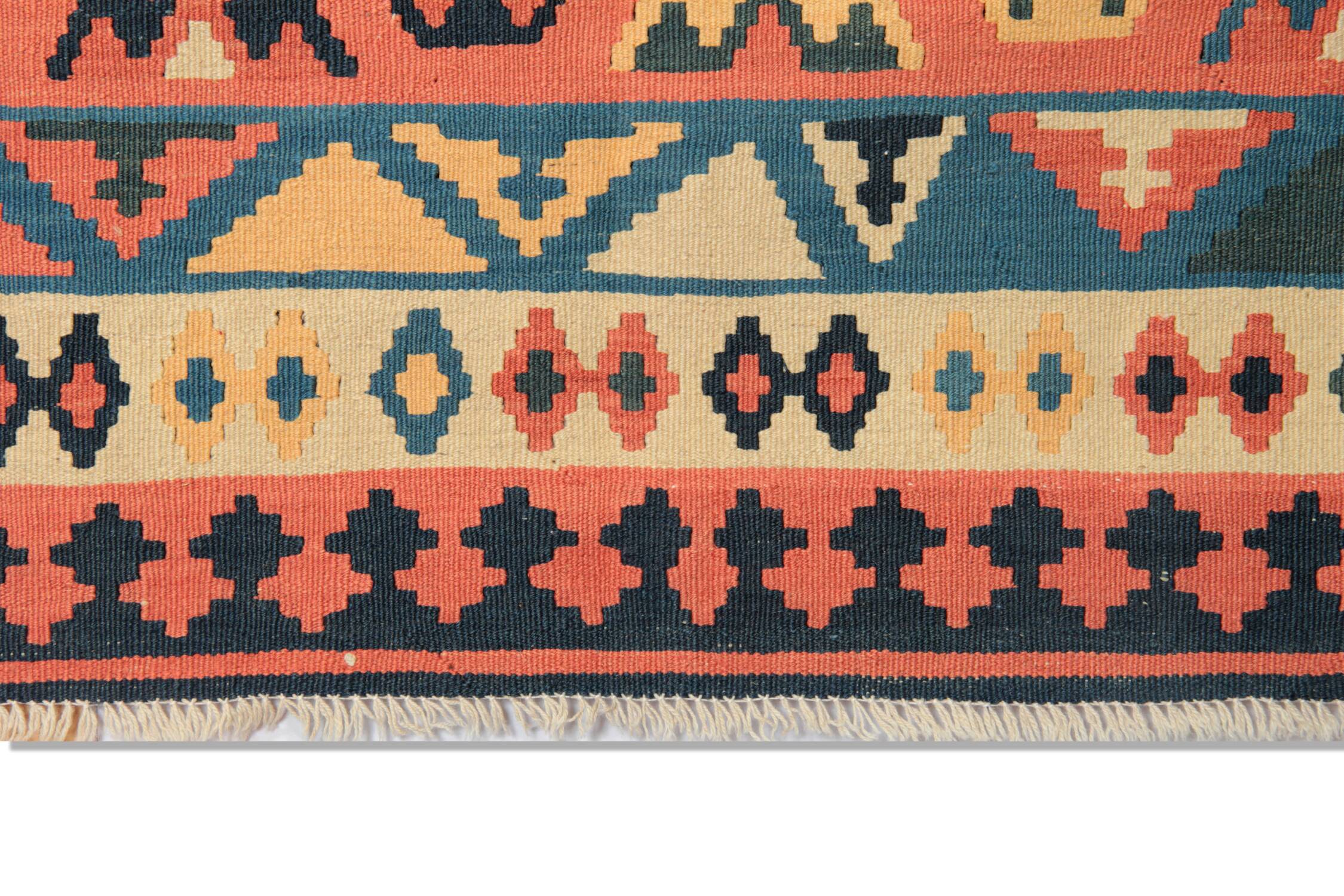 Vintage Kilim Runner Rug in Red, Blue & Terracotta Flatweave 323x218cm
