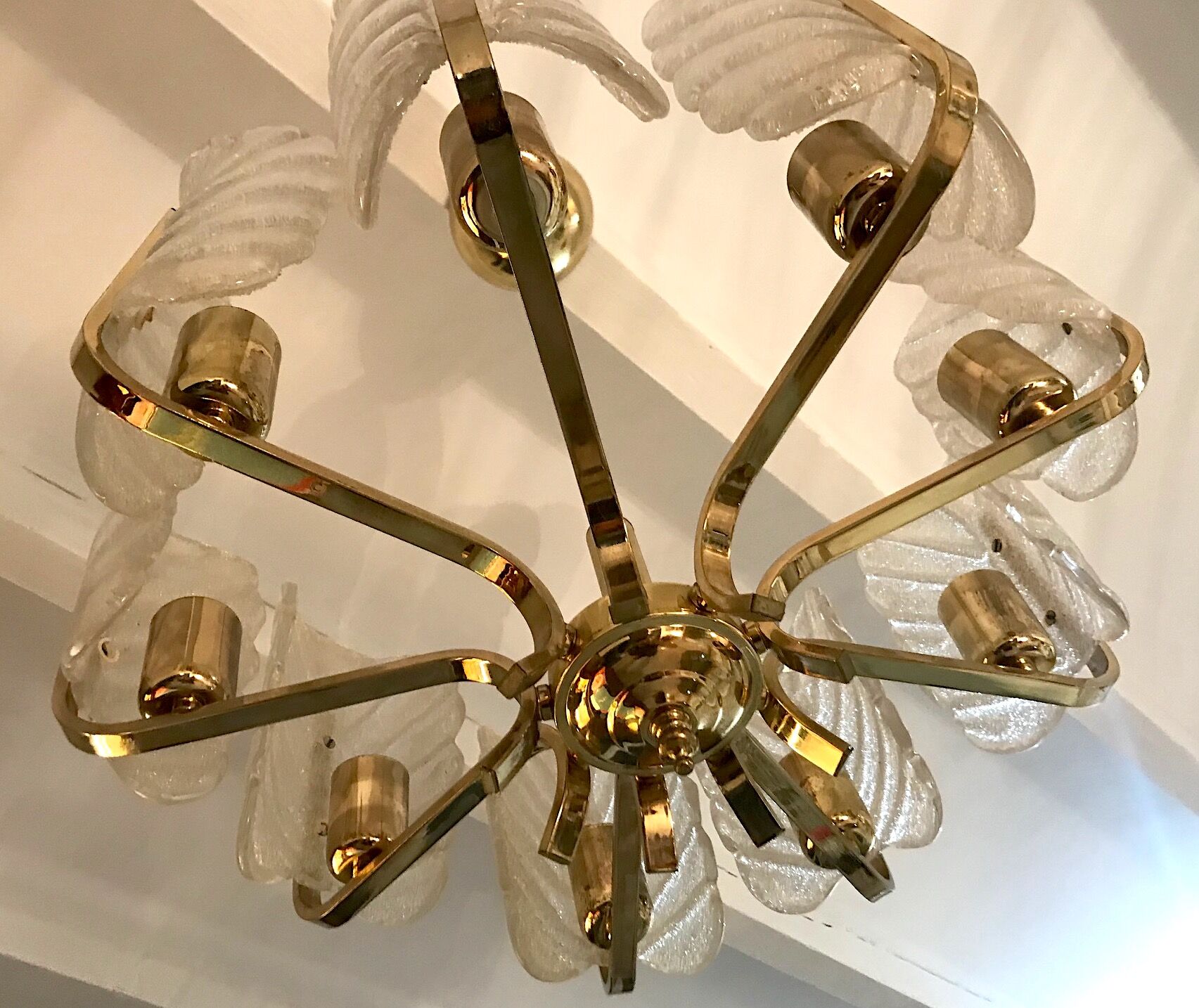 Chandelier Carl Fagerlund by Orrefors with 9 Murano leaves 1960