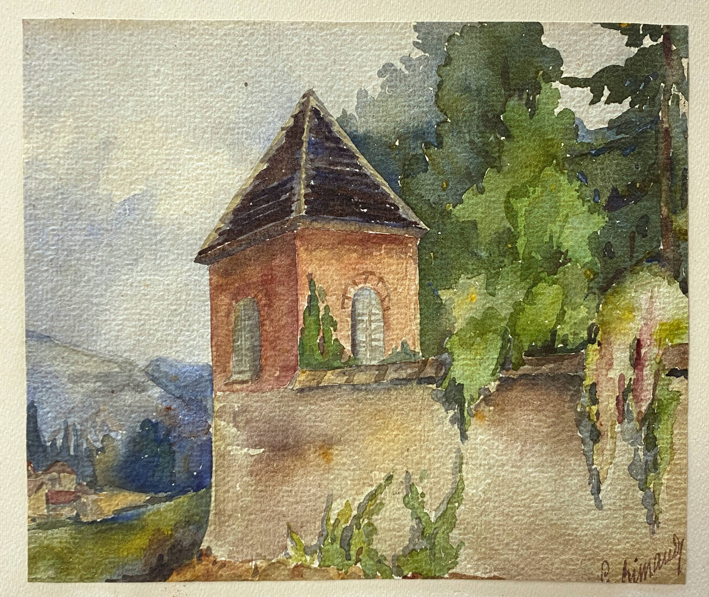Watercolor painting "Landscape with the bell tower" signed, early twentieth century