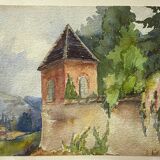Watercolor painting "Landscape with the bell tower" signed, early twentieth century
