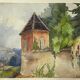 Watercolor painting "Landscape with the bell tower" signed, early twentieth century