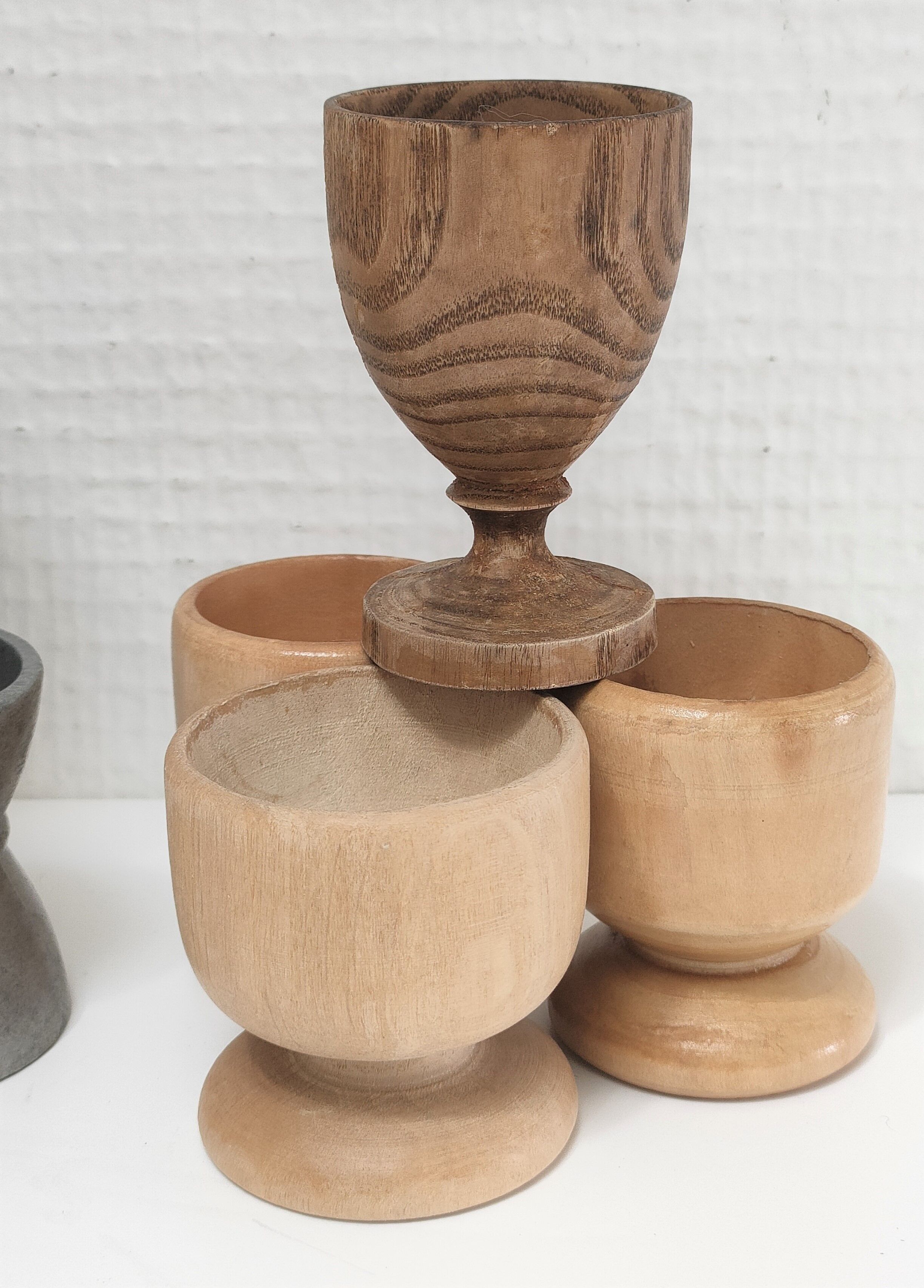 Set of twelve turned wood shells and vintage aluminum