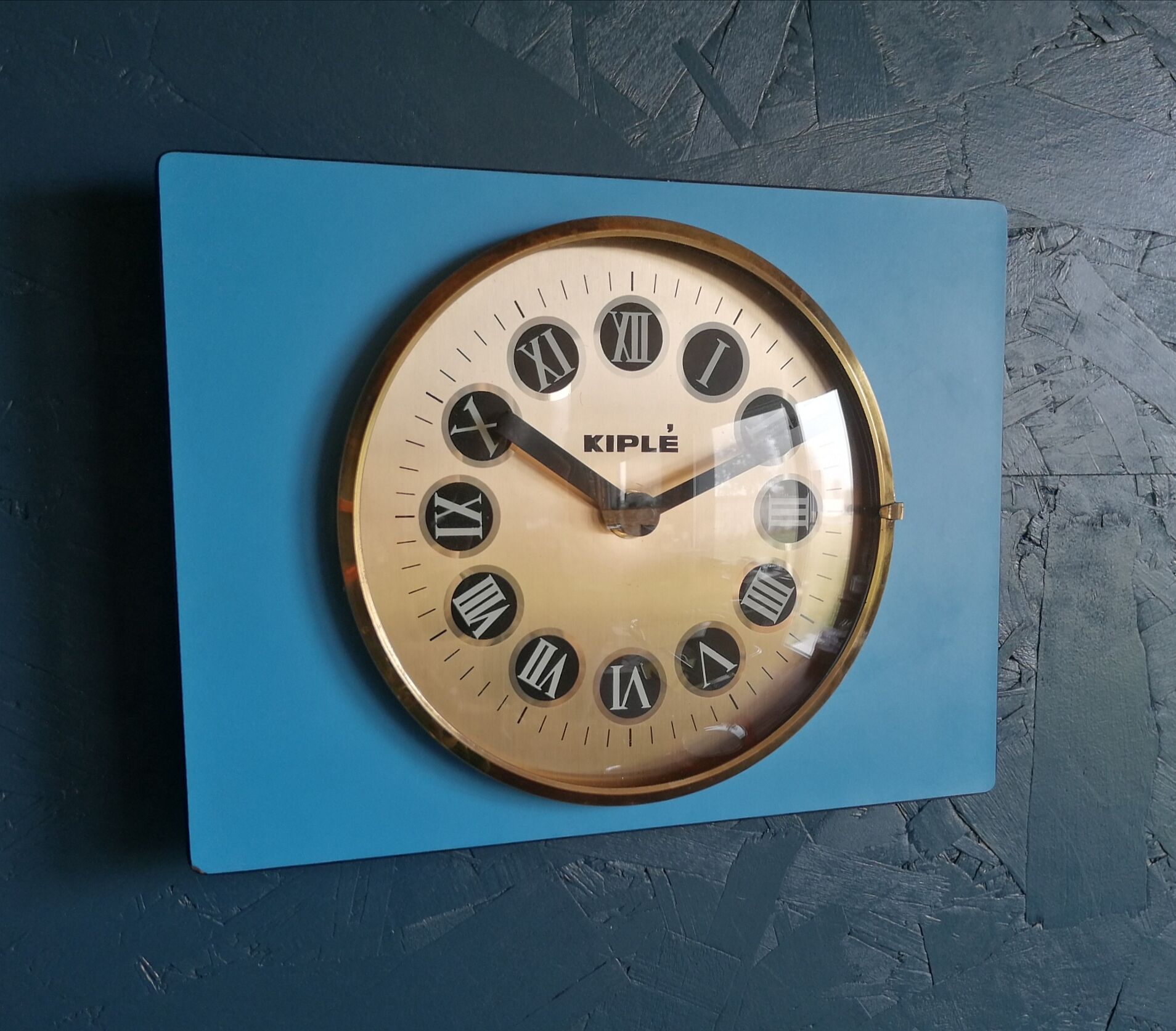 Vintage formica clock silent rectangular wall clock "Blue Kiple"