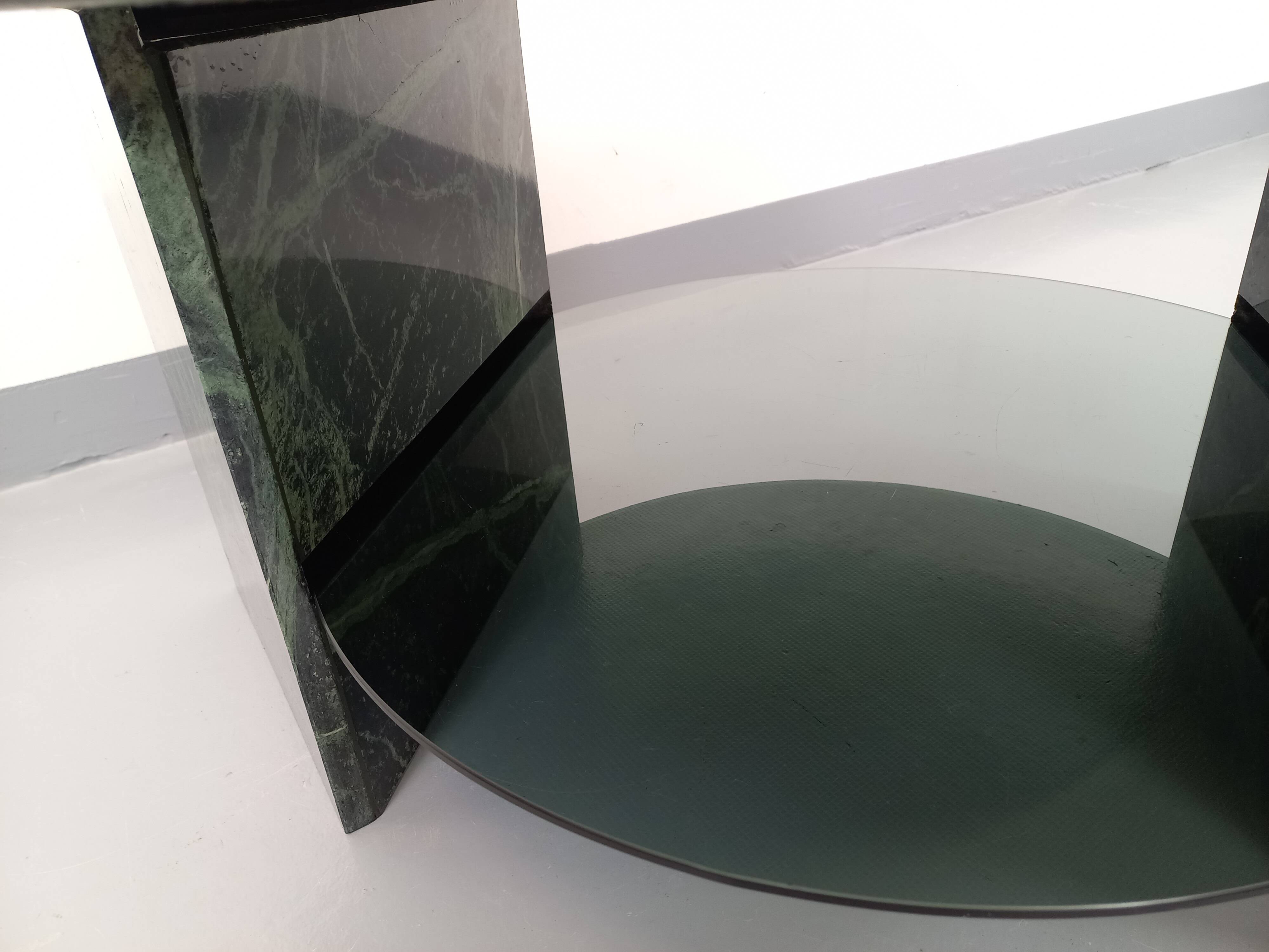 Vintage square coffee table with 2 green marble and smoked glass tops