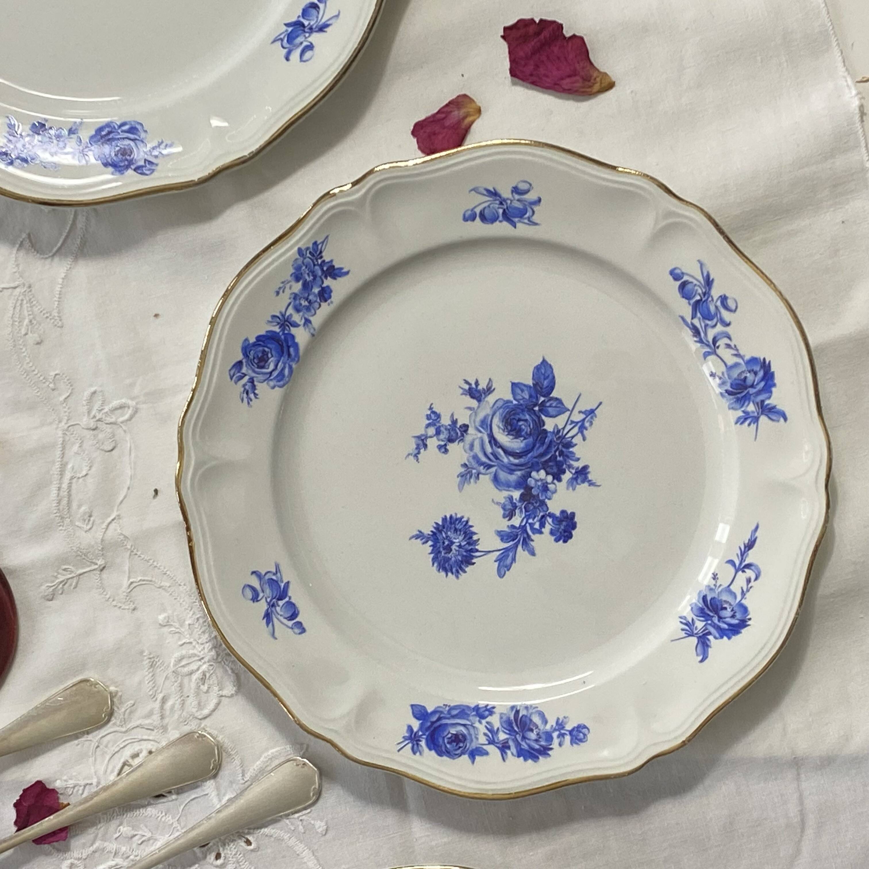 6 assiettes dessert faïence ancienne fleurs bleues dorure Moulin des Loups