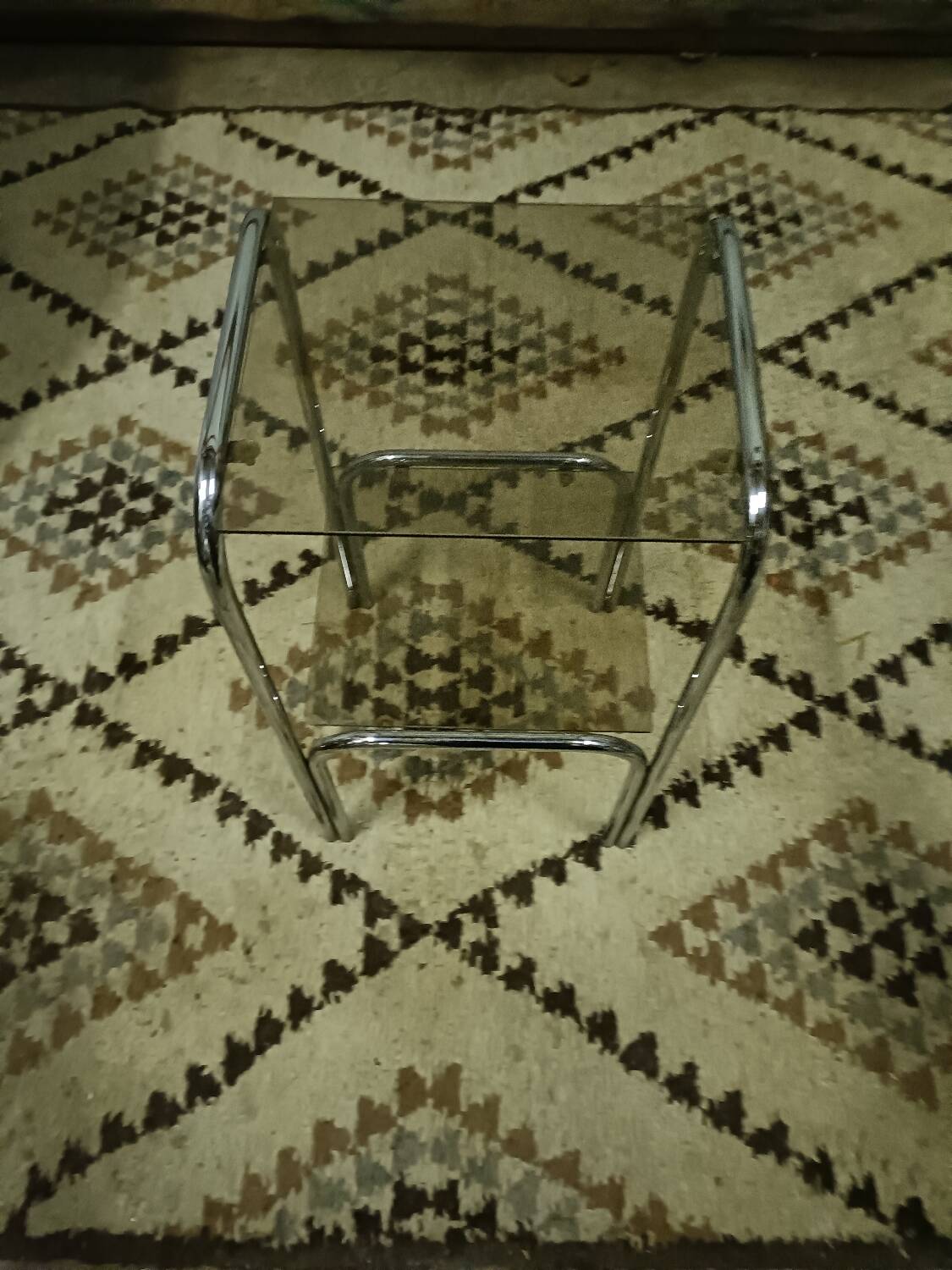 Vintage pedestal table, smoked glasses