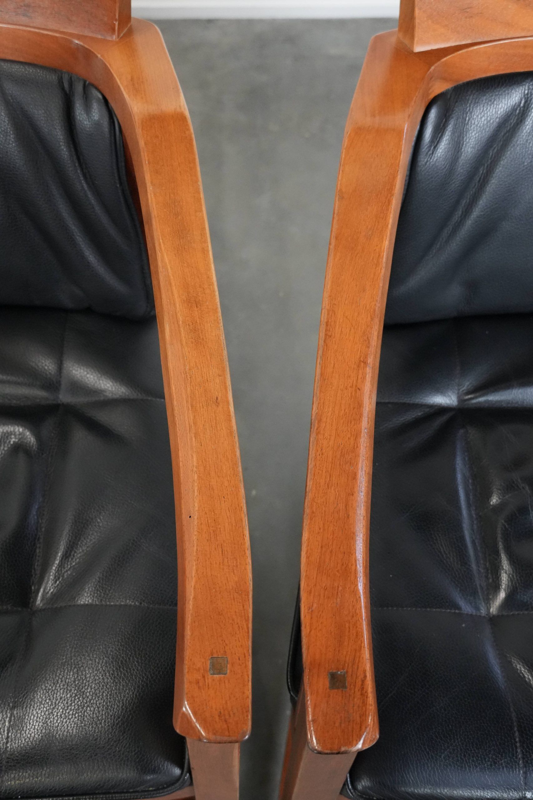 Set of 4 luxury black leather Art Deco dining chairs with armrests