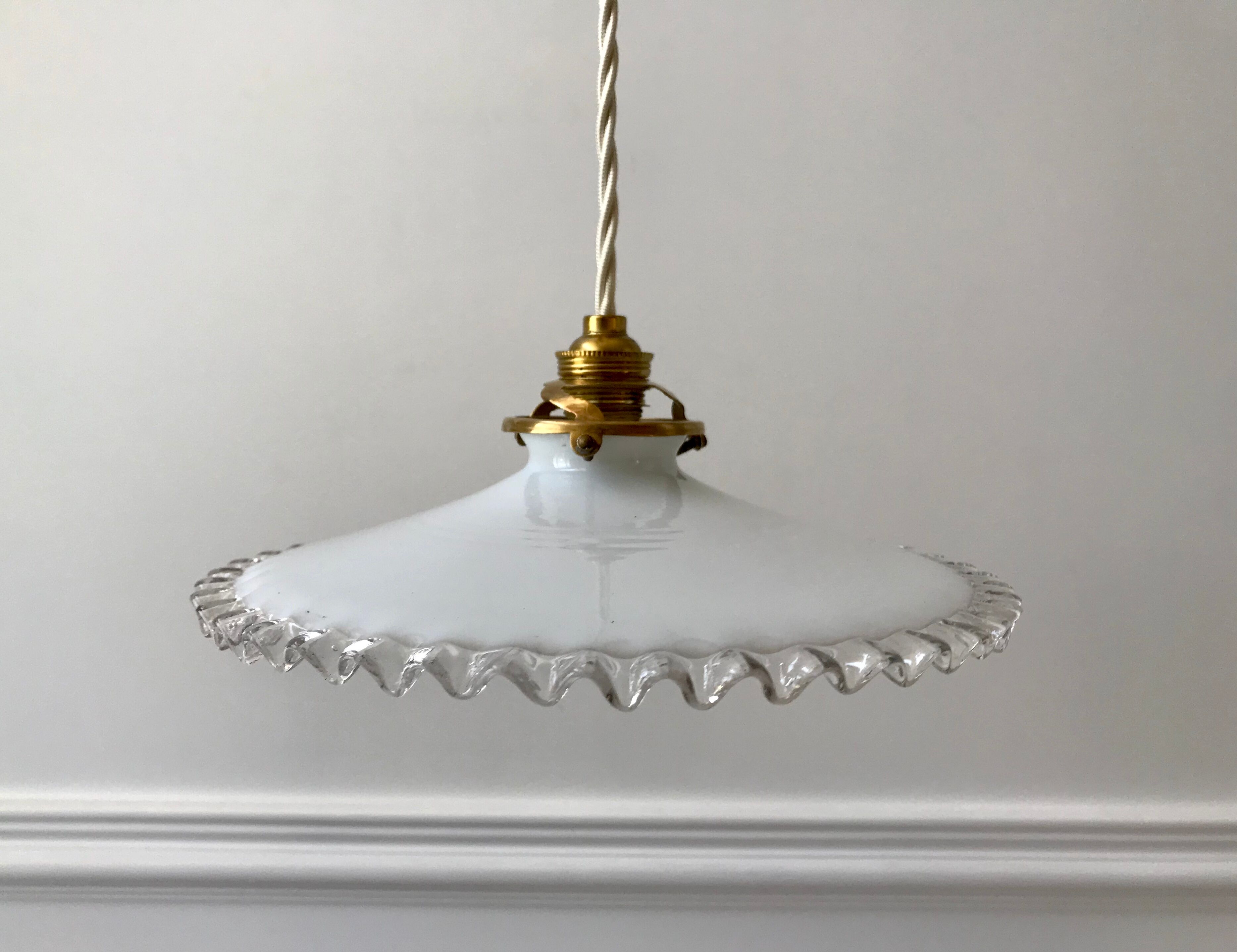 Vintage 50s serrated opaline pendant lamp