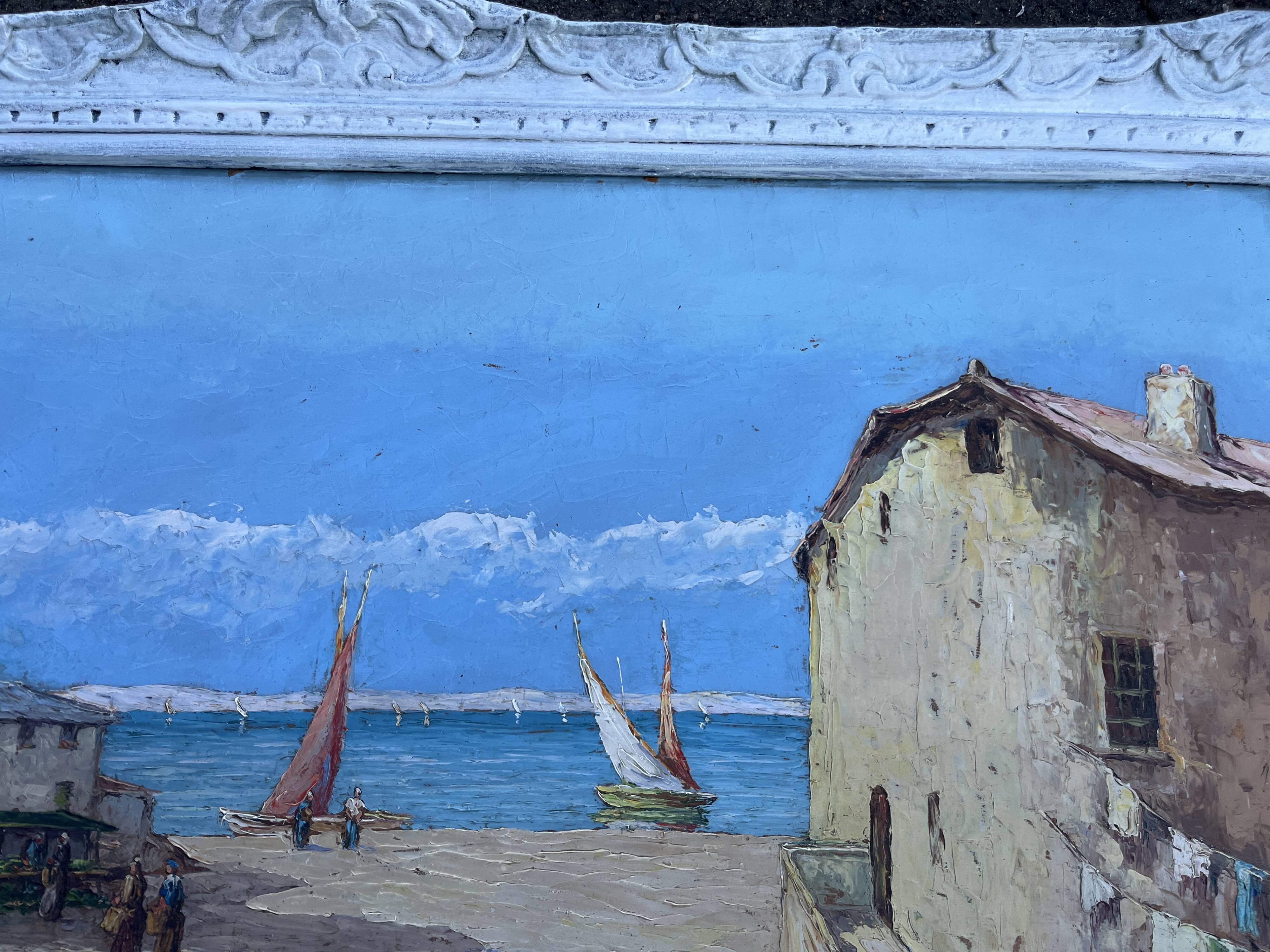 Ancient painting – Animated Mediterranean view – Port and sailing boats