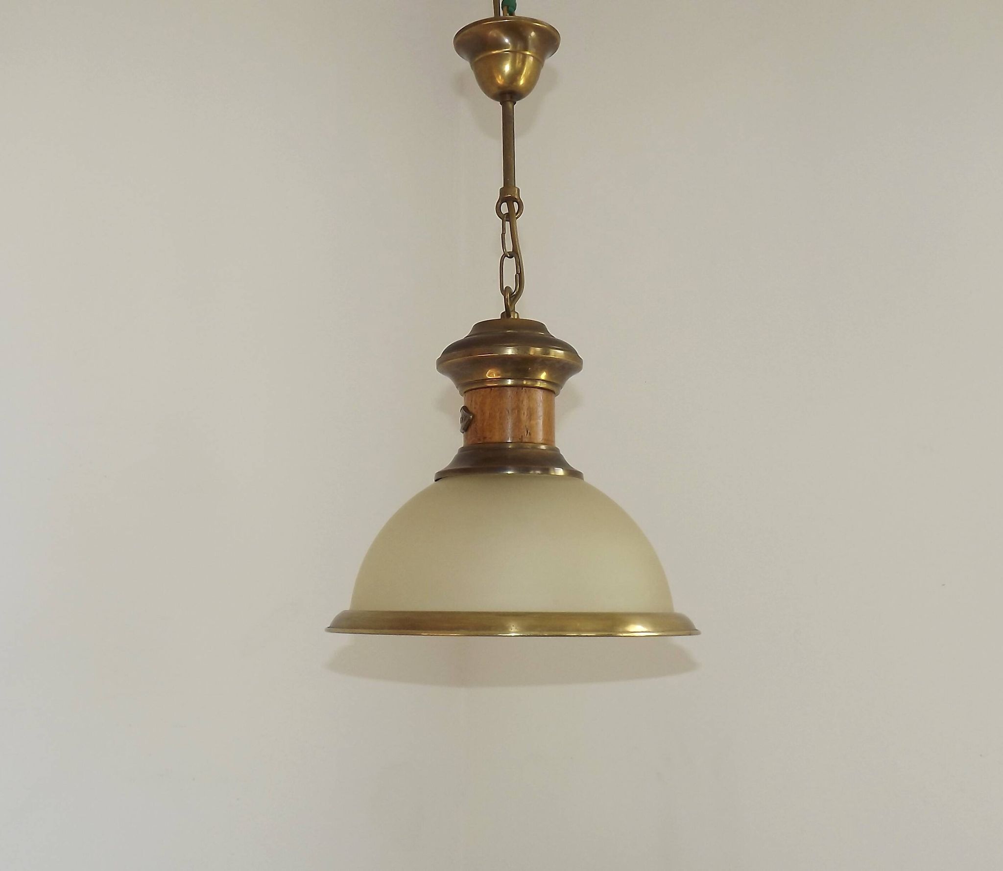 French Vintage "Louisiane" Brass & Wood Pendant Lamp - Hanging Light