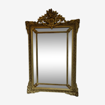 Miroir XIXème à parcloses, stuc doré - 131x83cm