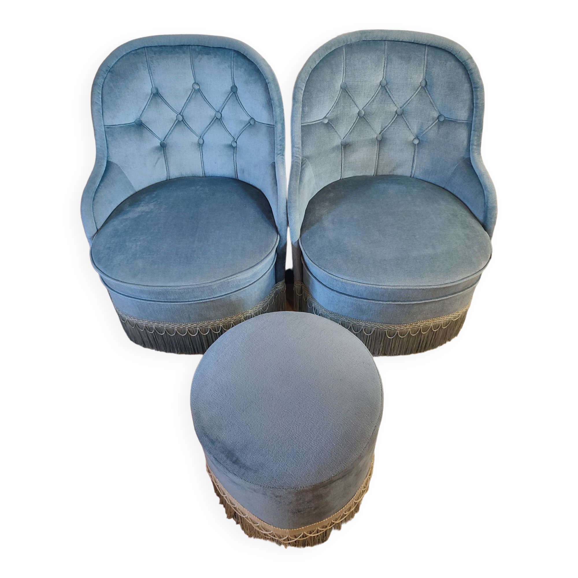 Pair of Crapaud armchairs and a vintage blue velvet pouf