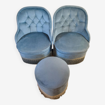 Pair of Crapaud armchairs and a vintage blue velvet pouf