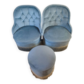 Pair of Crapaud armchairs and a vintage blue velvet pouf