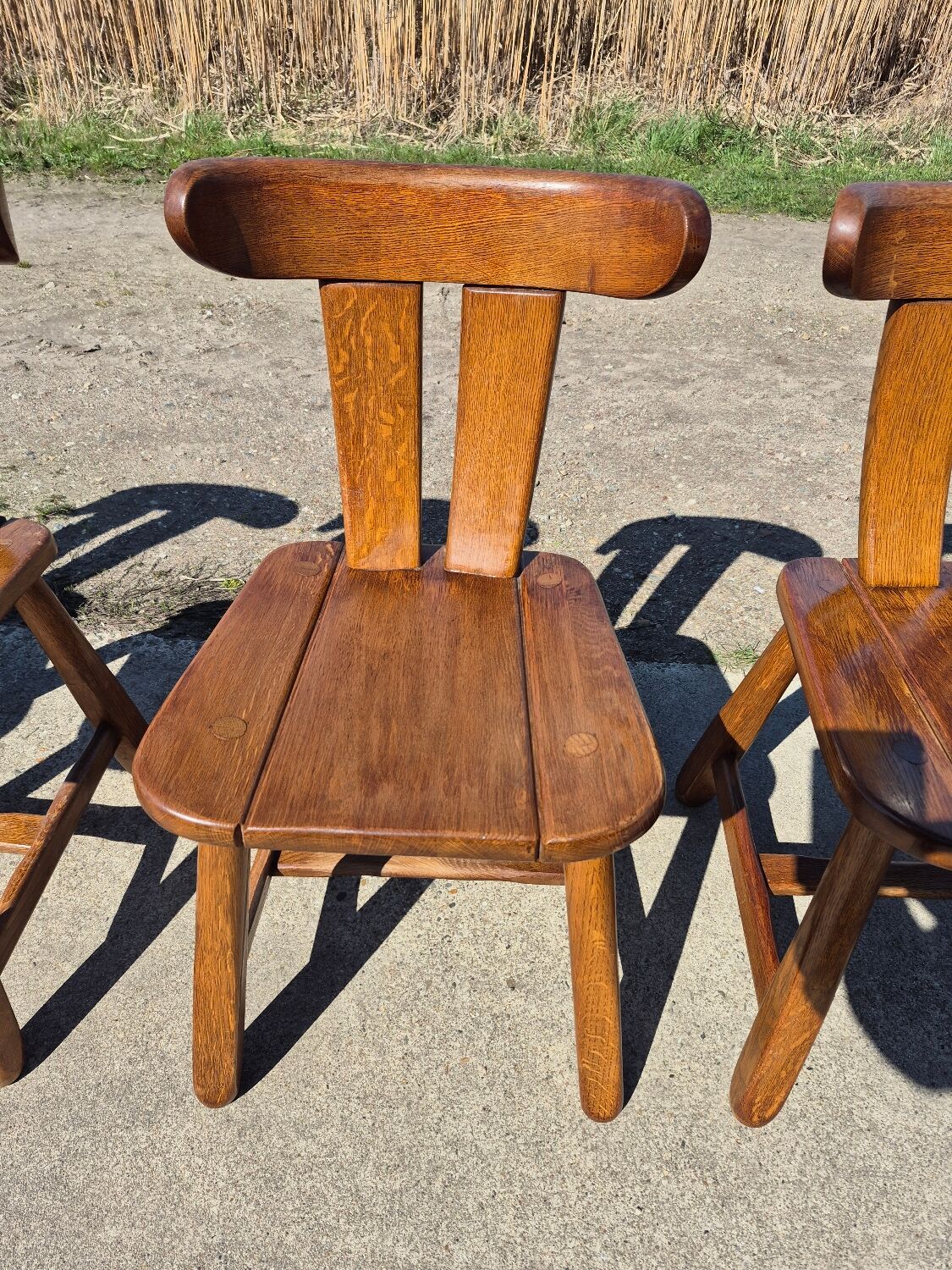 Brutalist set solid oak round dining table 4 chairs Depuydt Belgium