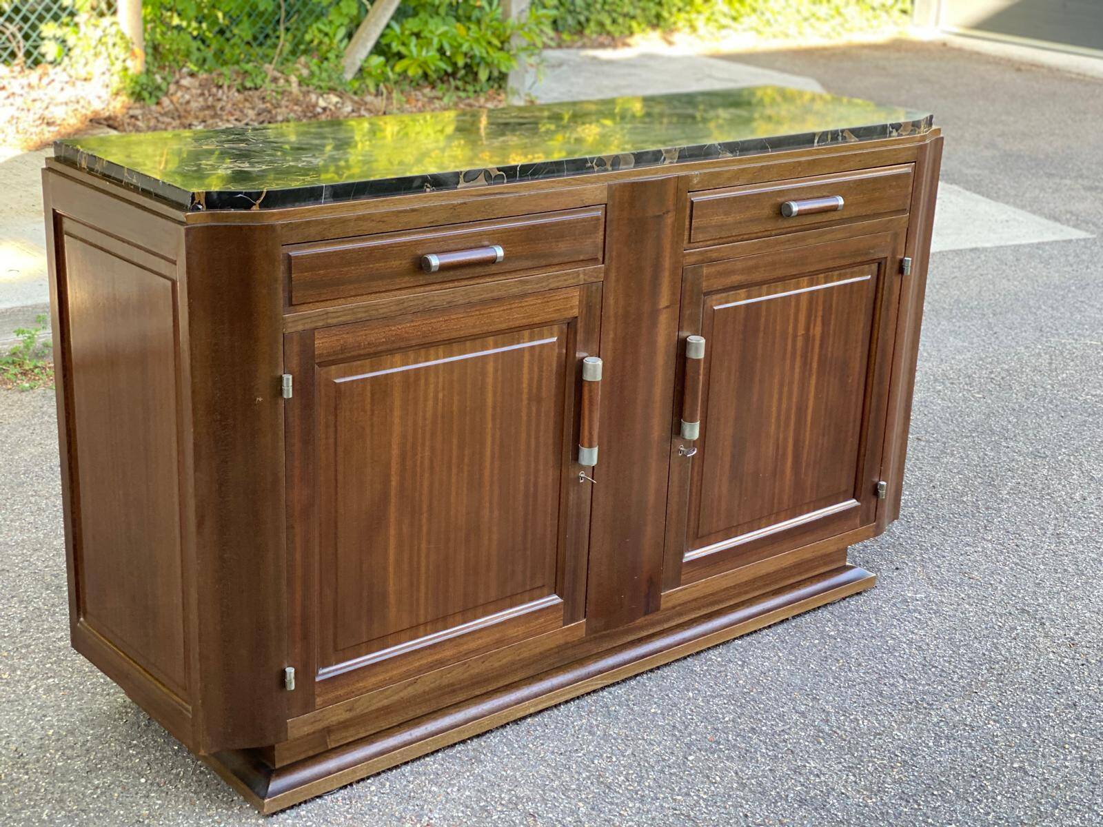 Vintage Parisian art deco sideboard in solid wood and black marble 180cm