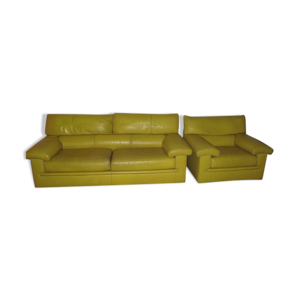 Lot canapé et fauteuil cuir jaune