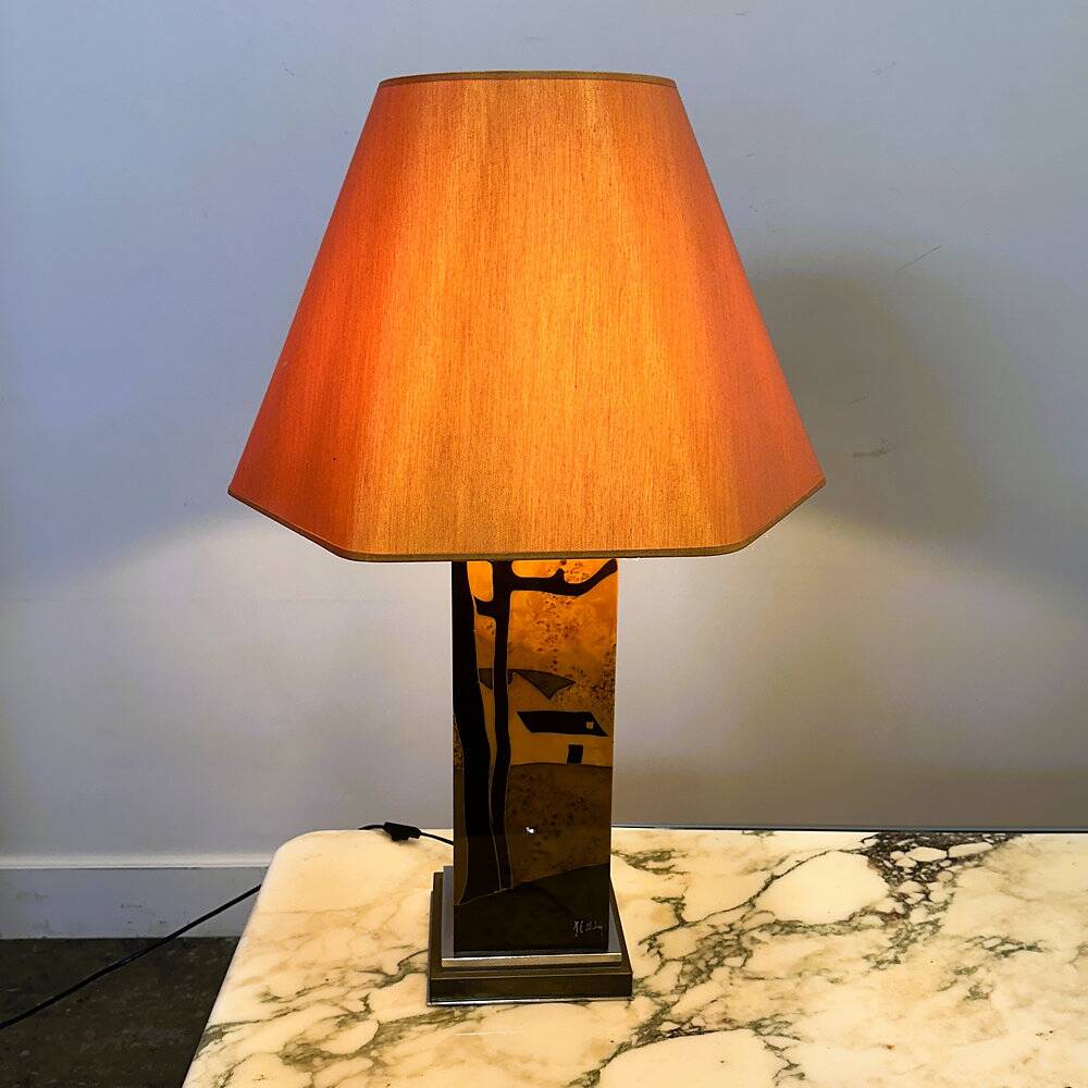 Rare 1970s Jean-Claude Mahey table lamp in burl wood with abstract inlay