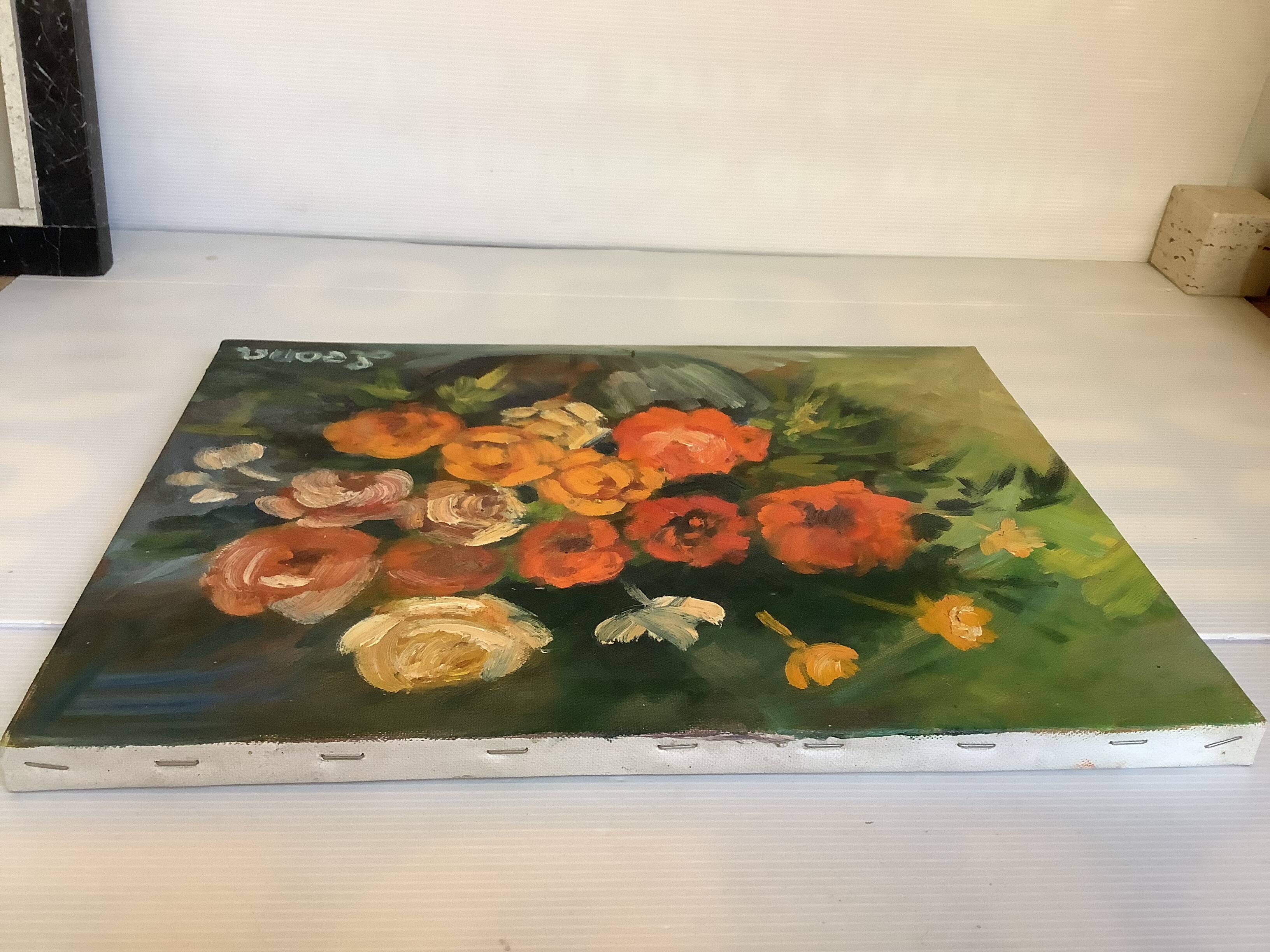 Painting bouquet of flowers oil on canvas signed
