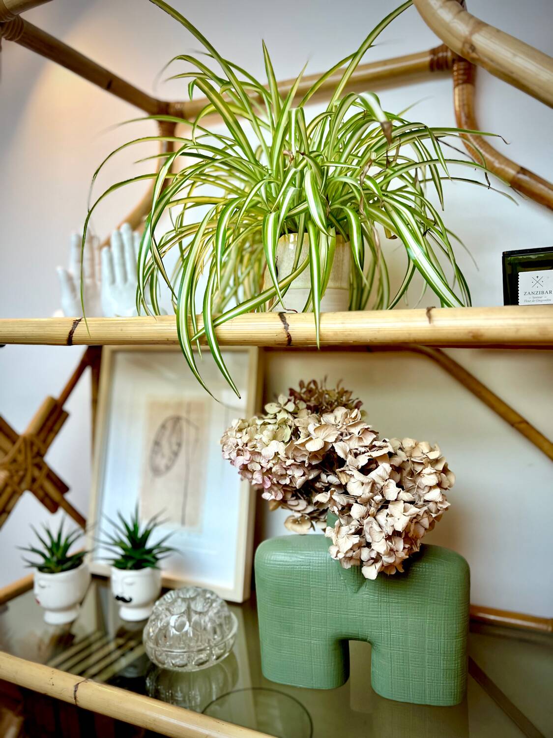 Rattan and glass shelf