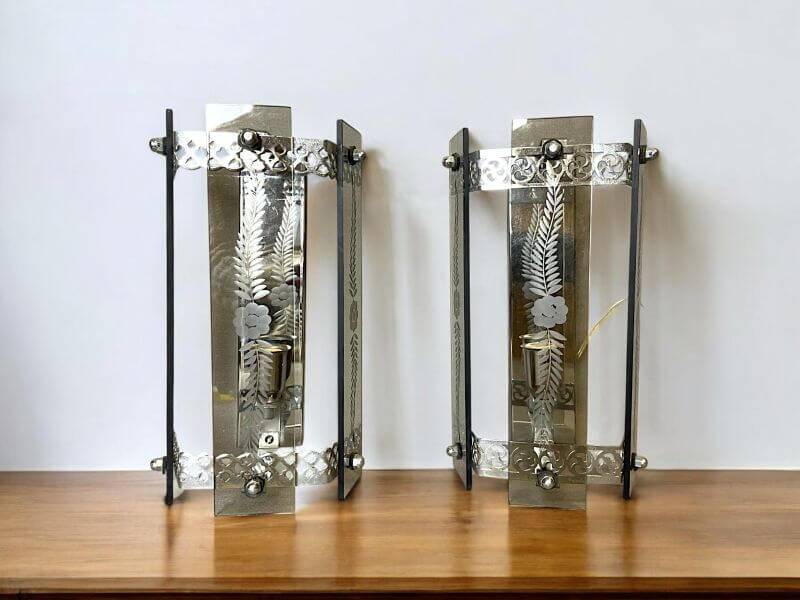 Set of 2 art deco revival smoked glass chromed  wall lamps