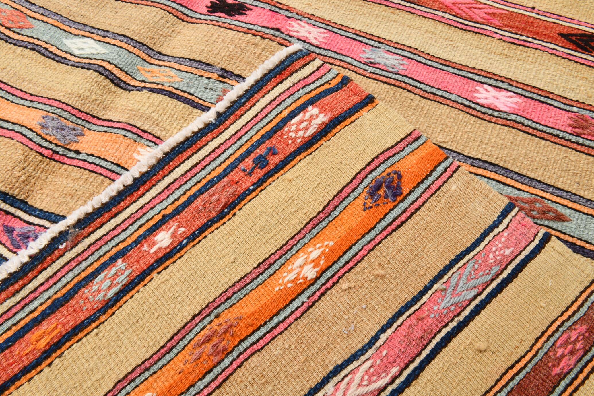 6x8 Khaki & Red Striped Pattern Vintage Kilim Rug, 183x239Cm