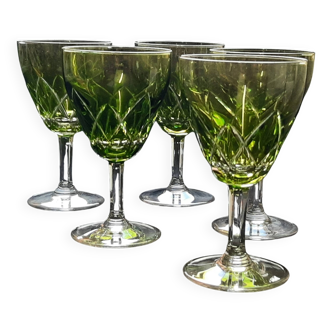 VSL, 5 tinted and cut crystal glasses.
