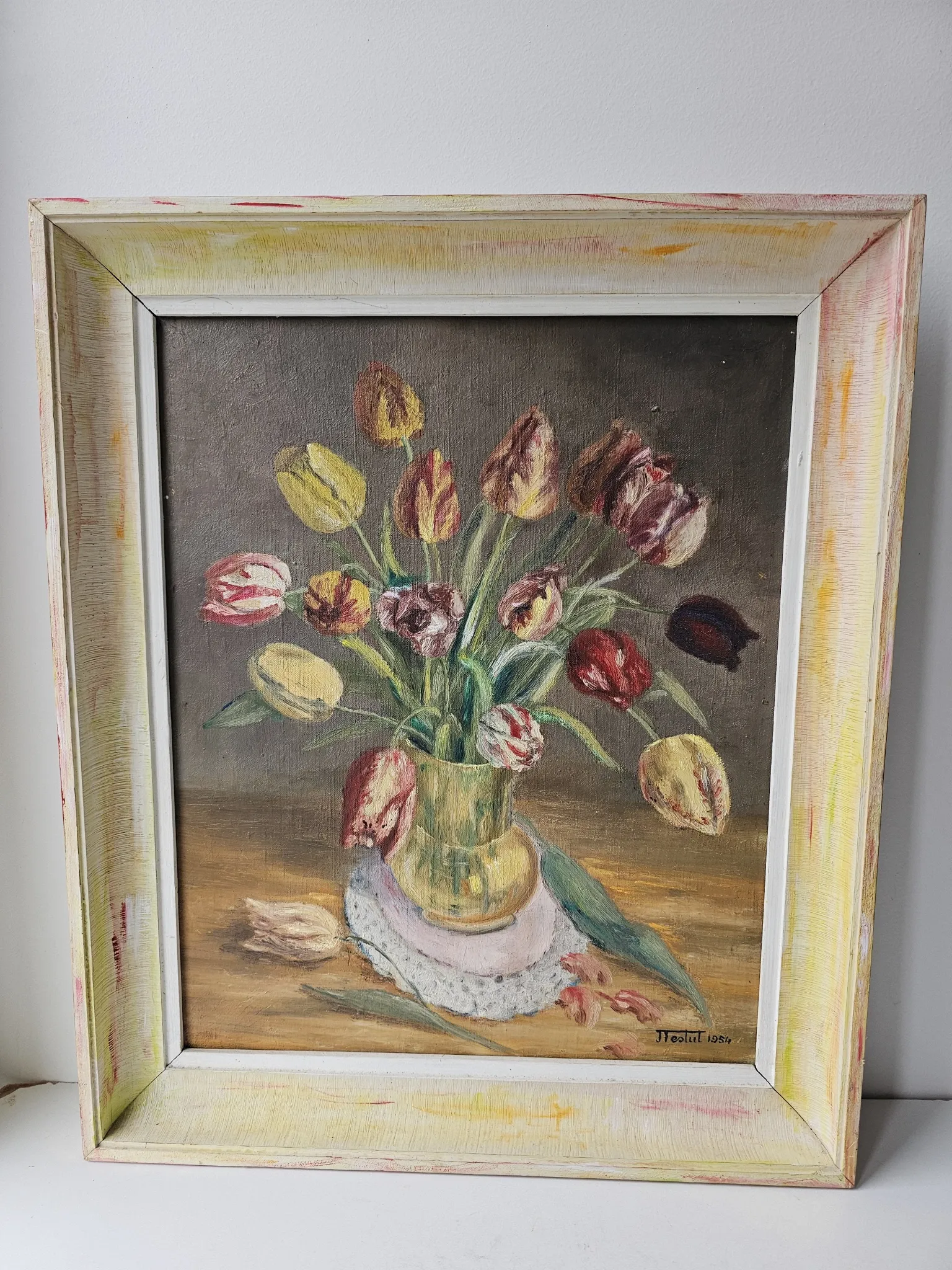 Oil on Canvas Still Life Flowers Bouquet Tulips Signed J. Testut