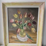 Oil on Canvas Still Life Flowers Bouquet Tulips Signed J. Testut