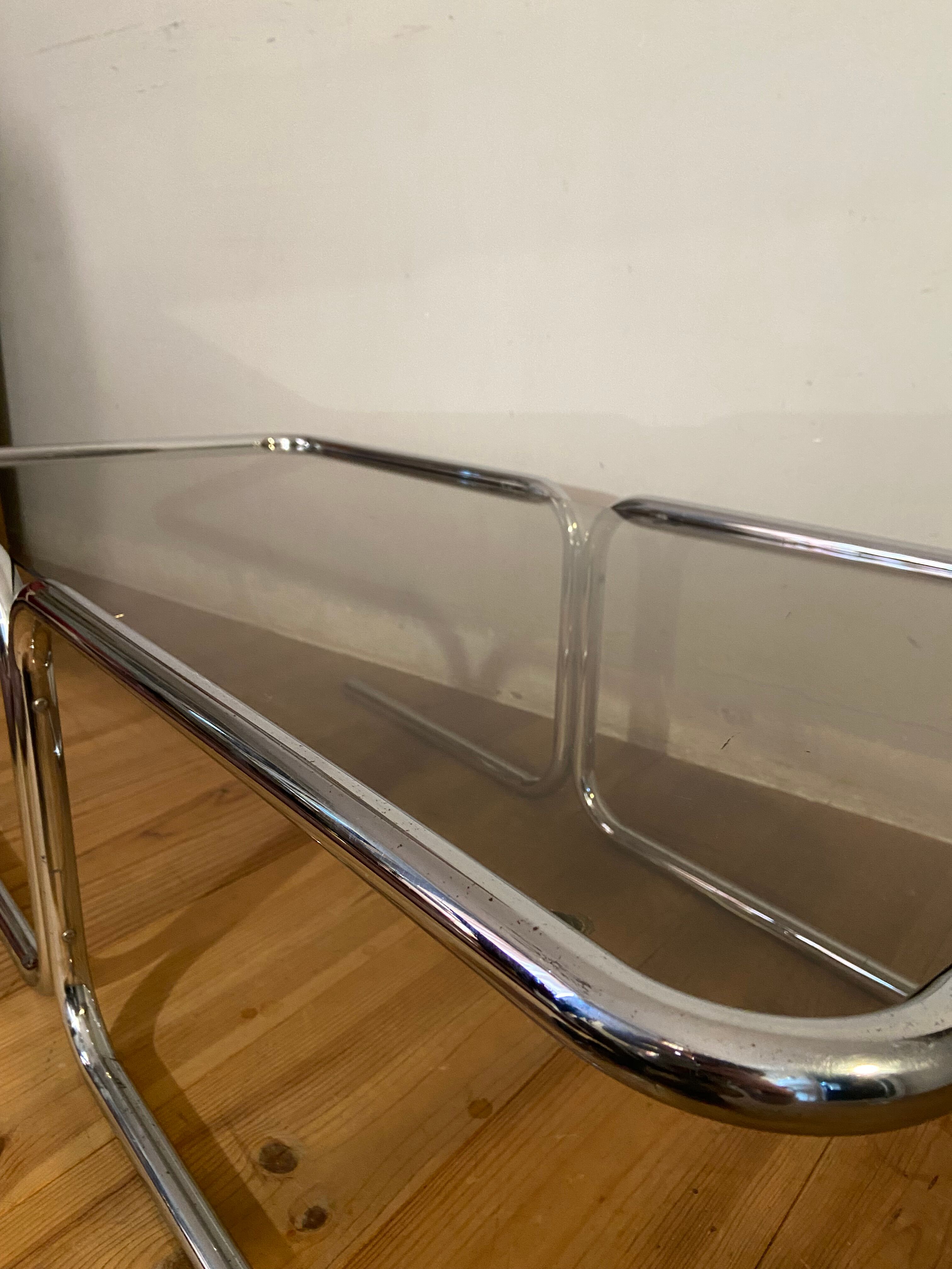 Vintage coffee table in chrome and smoked glass 70s